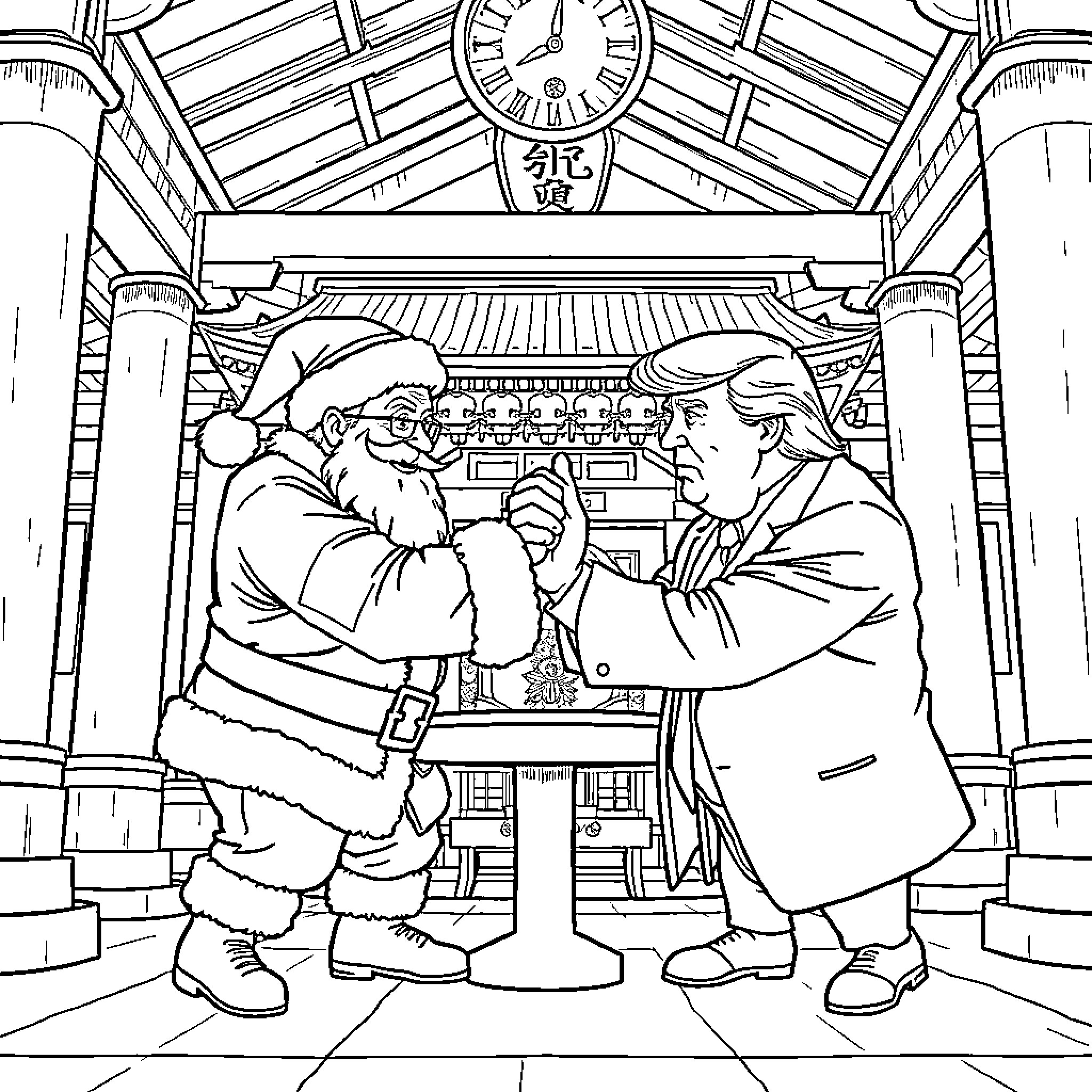 Santa Claus sharing a warm moment with a friend Coloring Page (free black-and-white line drawing printable PDF for all, from beginners to advanced learners, including children, teens, adults, and seniors)