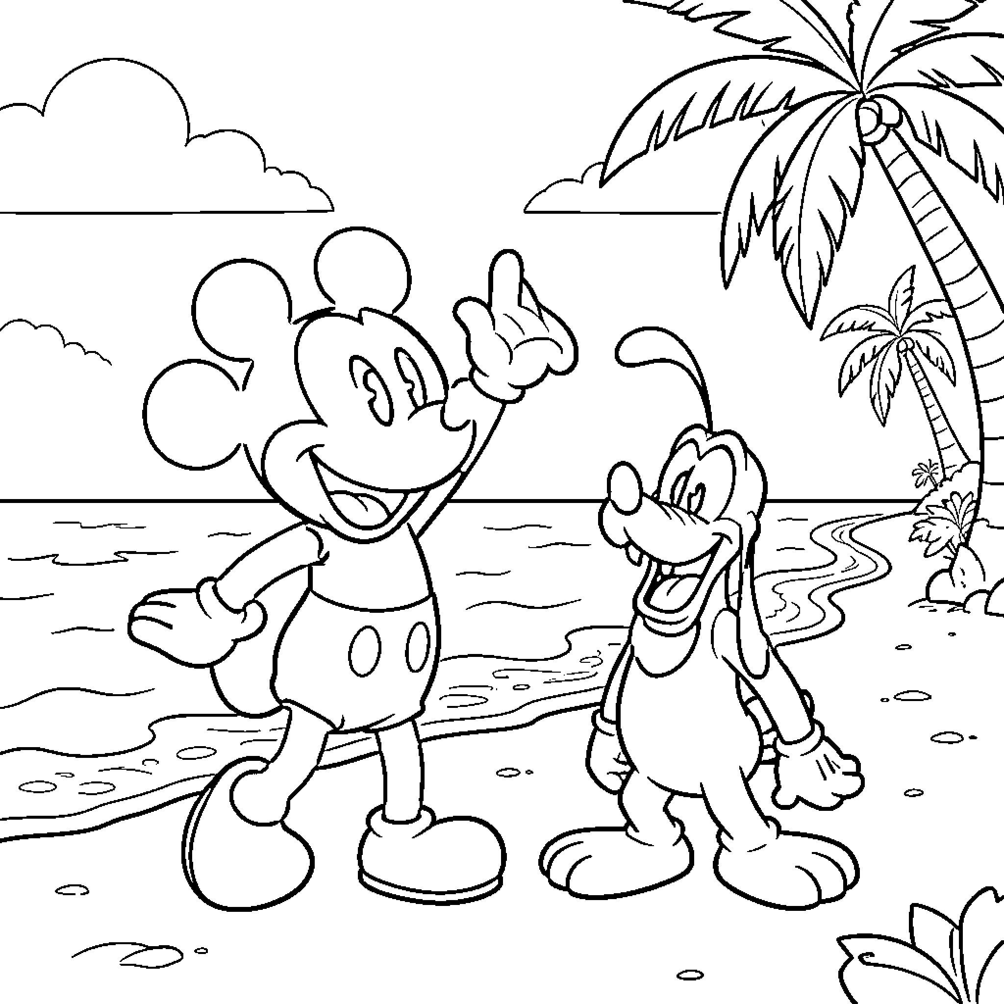 Mickey and Pluto enjoying a tropical beach day Coloring Page (free black-and-white line drawing printable PDF for all, from beginners to advanced learners, including children, teens, adults, and seniors)