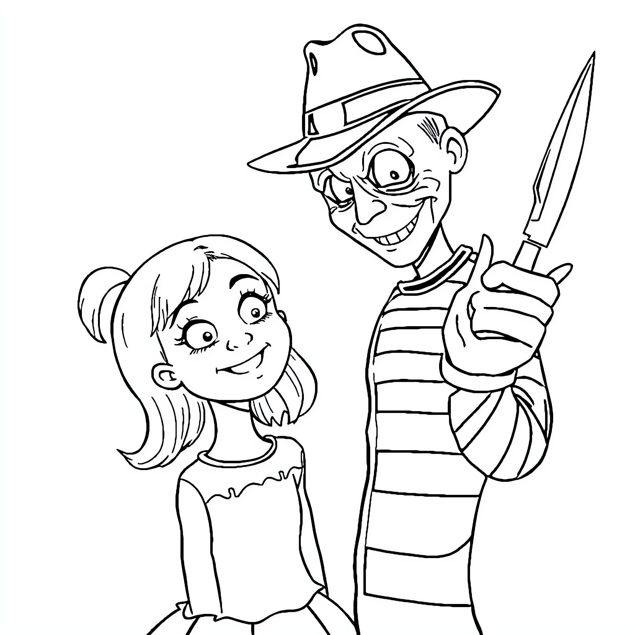 Freddy Krueger and a young girl in a playful scene Coloring Page (free black-and-white line drawing printable PDF for all, from beginners to advanced learners, including children, teens, adults, and seniors)