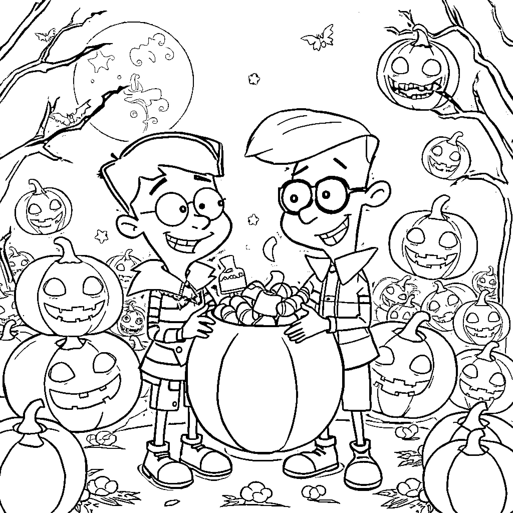 Phineas and Ferb's Spooky Halloween Adventure Coloring Page (free black-and-white line drawing printable PDF for all, from beginners to advanced learners, including children, teens, adults, and seniors)