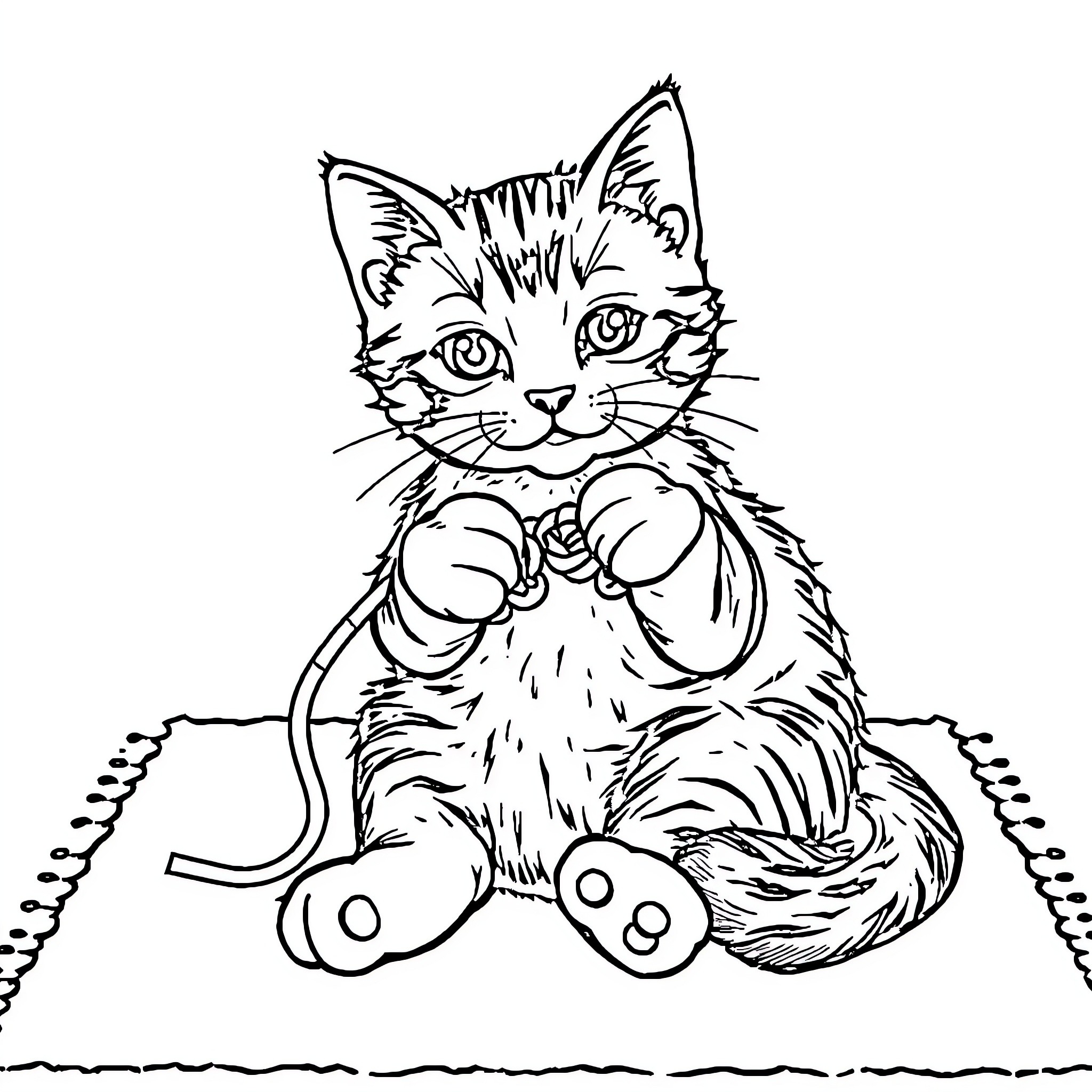 Cat Sitting and Observing Attentively Coloring Page (free black-and-white line drawing printable PDF for all, from beginners to advanced learners, including children, teens, adults, and seniors)