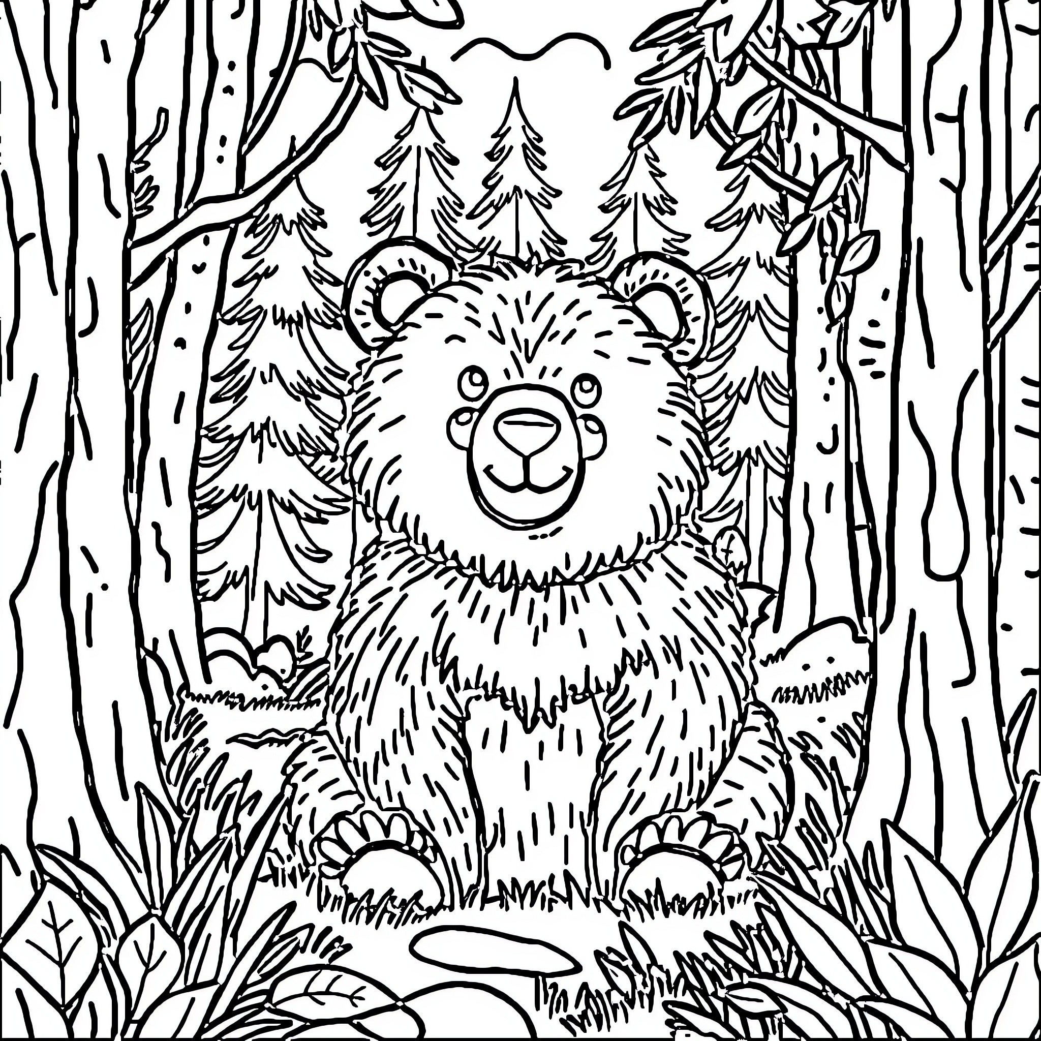 Bear enjoying nature in the forest Coloring Page (free black-and-white line drawing printable PDF for all, from beginners to advanced learners, including children, teens, adults, and seniors)