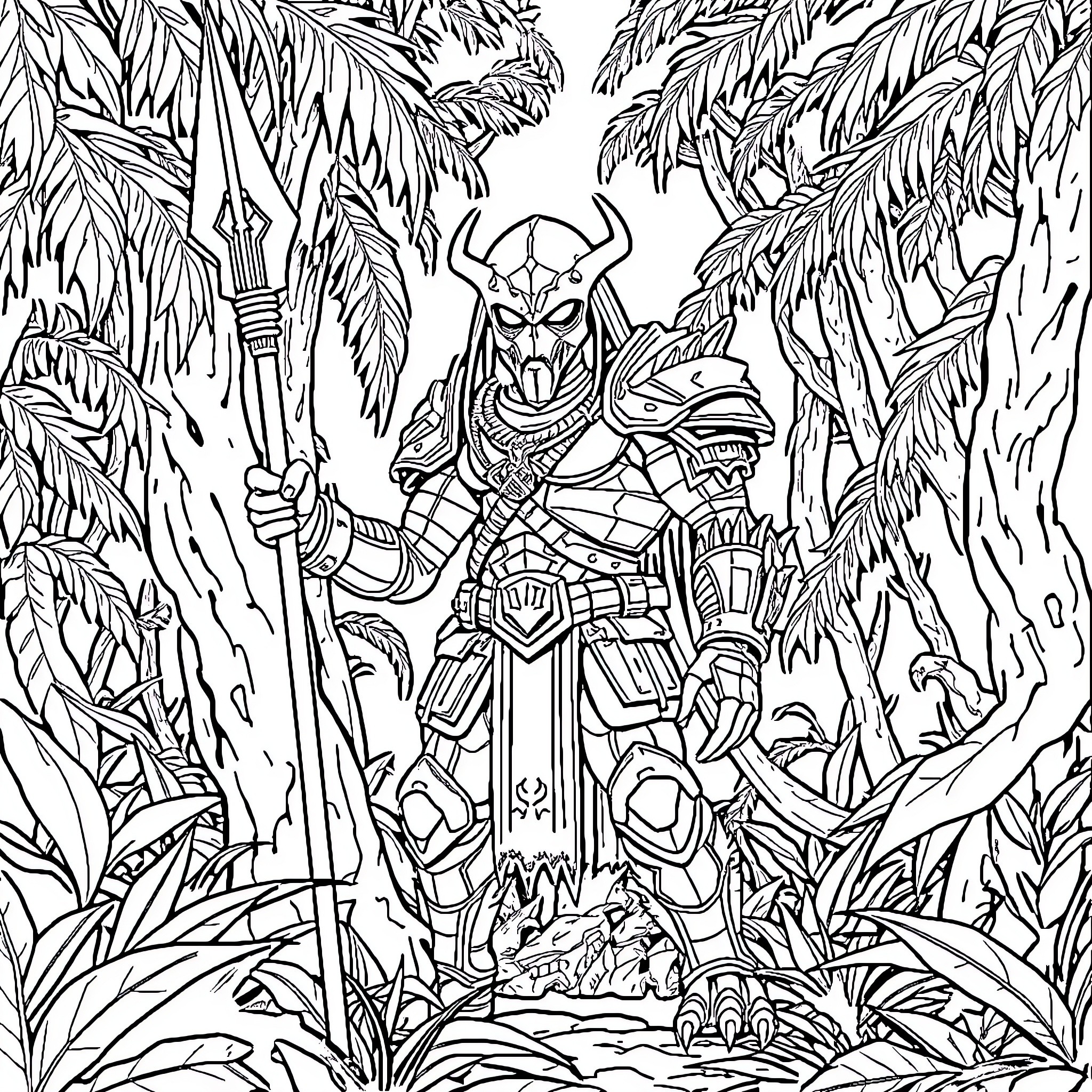 Predator warrior stalking through the jungle Coloring Page (free black-and-white line drawing printable PDF for all, from beginners to advanced learners, including children, teens, adults, and seniors)