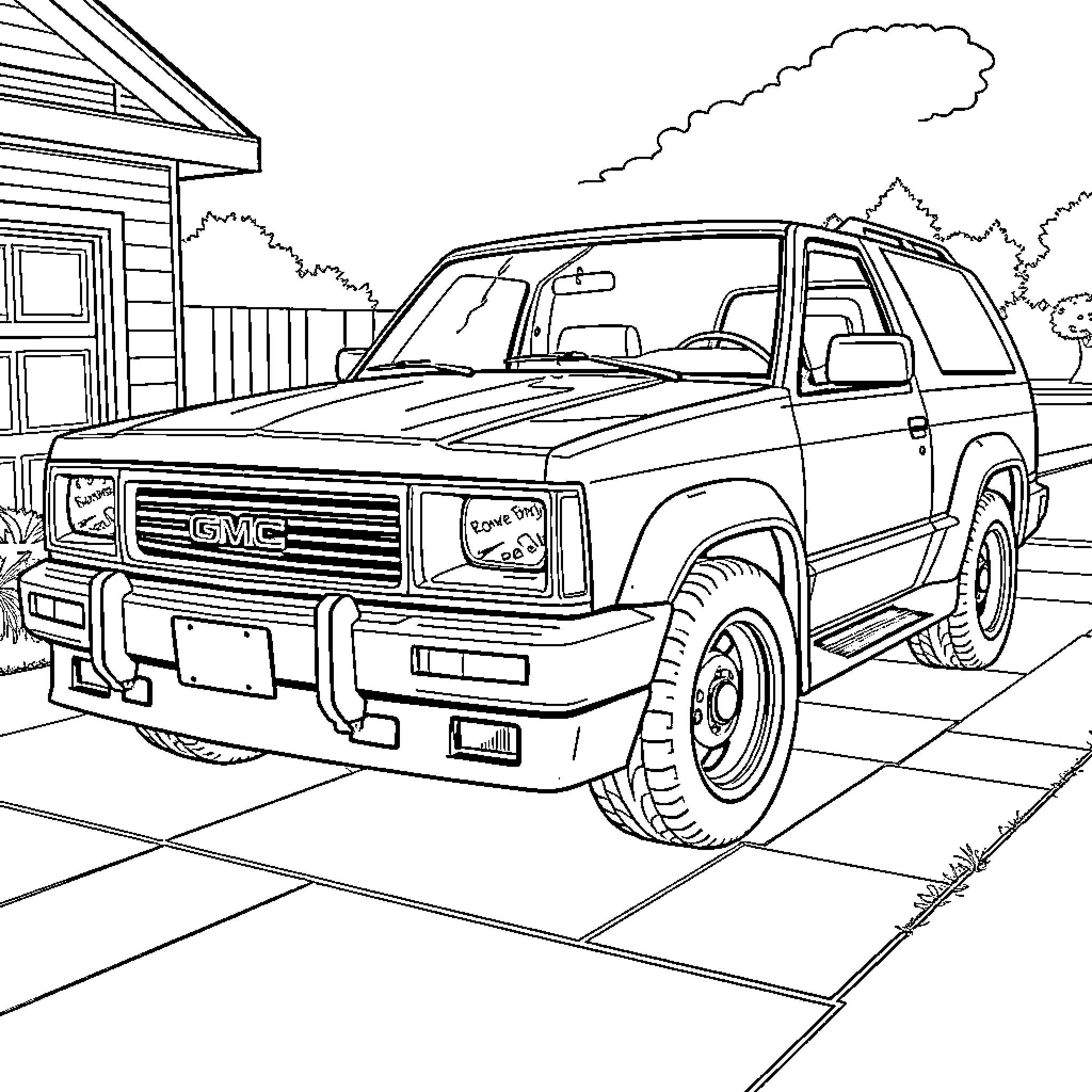 Gmc Suv Parked In Front Of Barn Coloring Page (free black-and-white line drawing printable PDF for all, from beginners to advanced learners, including children, teens, adults, and seniors)