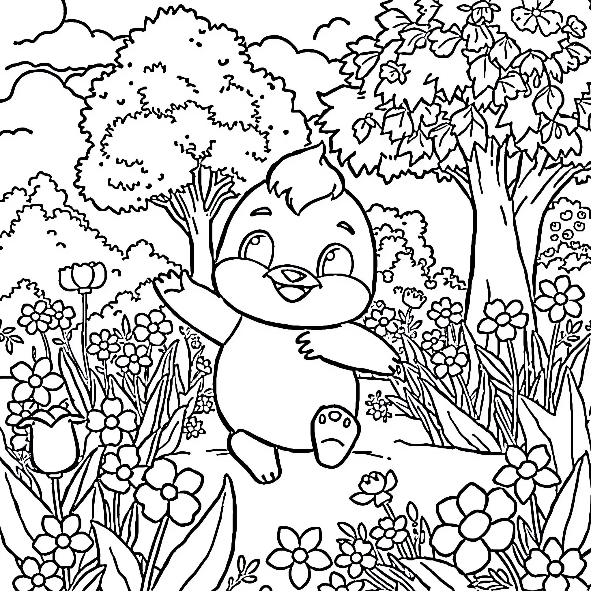 Labubu exploring the enchanting floral garden Coloring Page (free black-and-white line drawing printable PDF for all, from beginners to advanced learners, including children, teens, adults, and seniors)