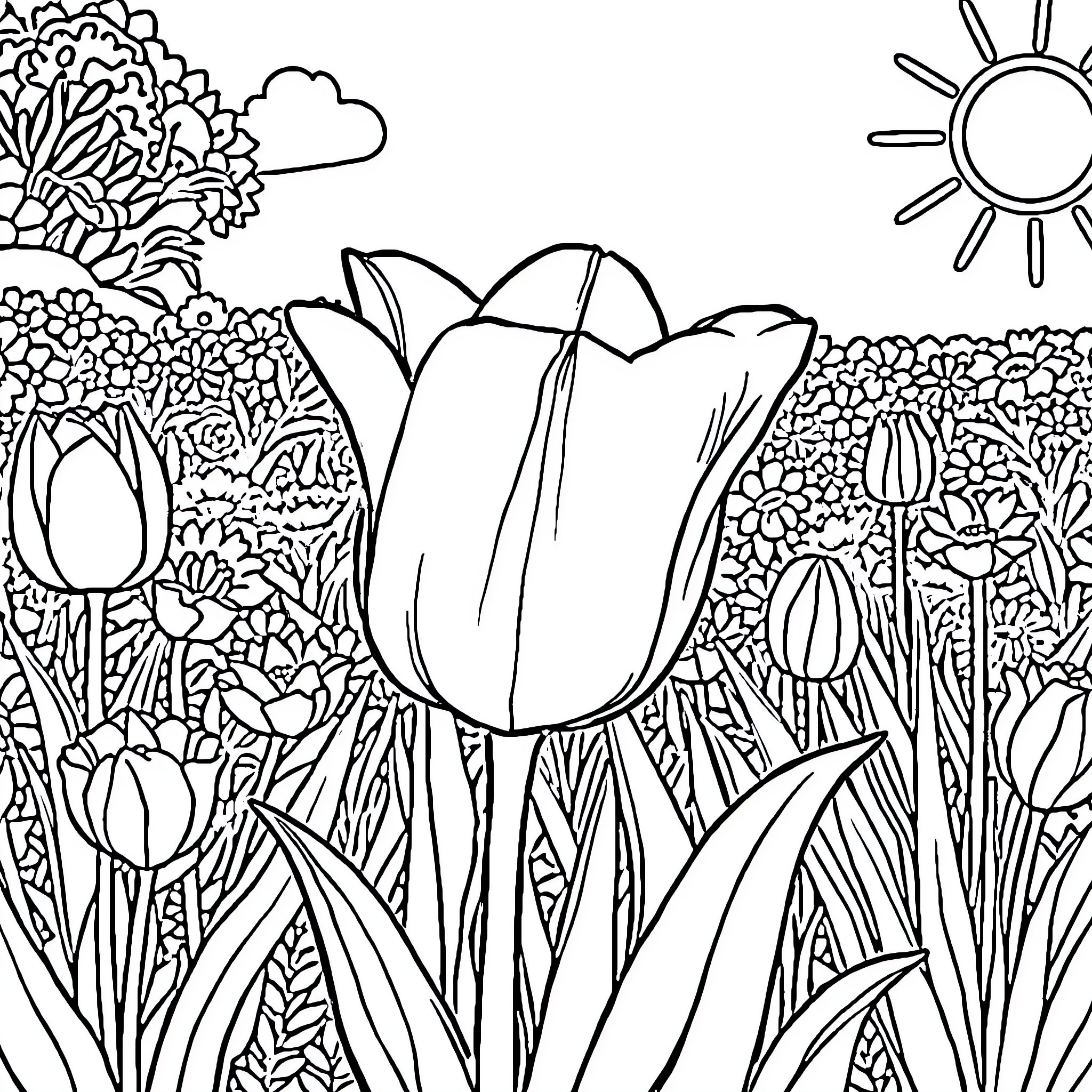 Tulips blooming in a vibrant garden Coloring Page (free black-and-white line drawing printable PDF for all, from beginners to advanced learners, including children, teens, adults, and seniors)