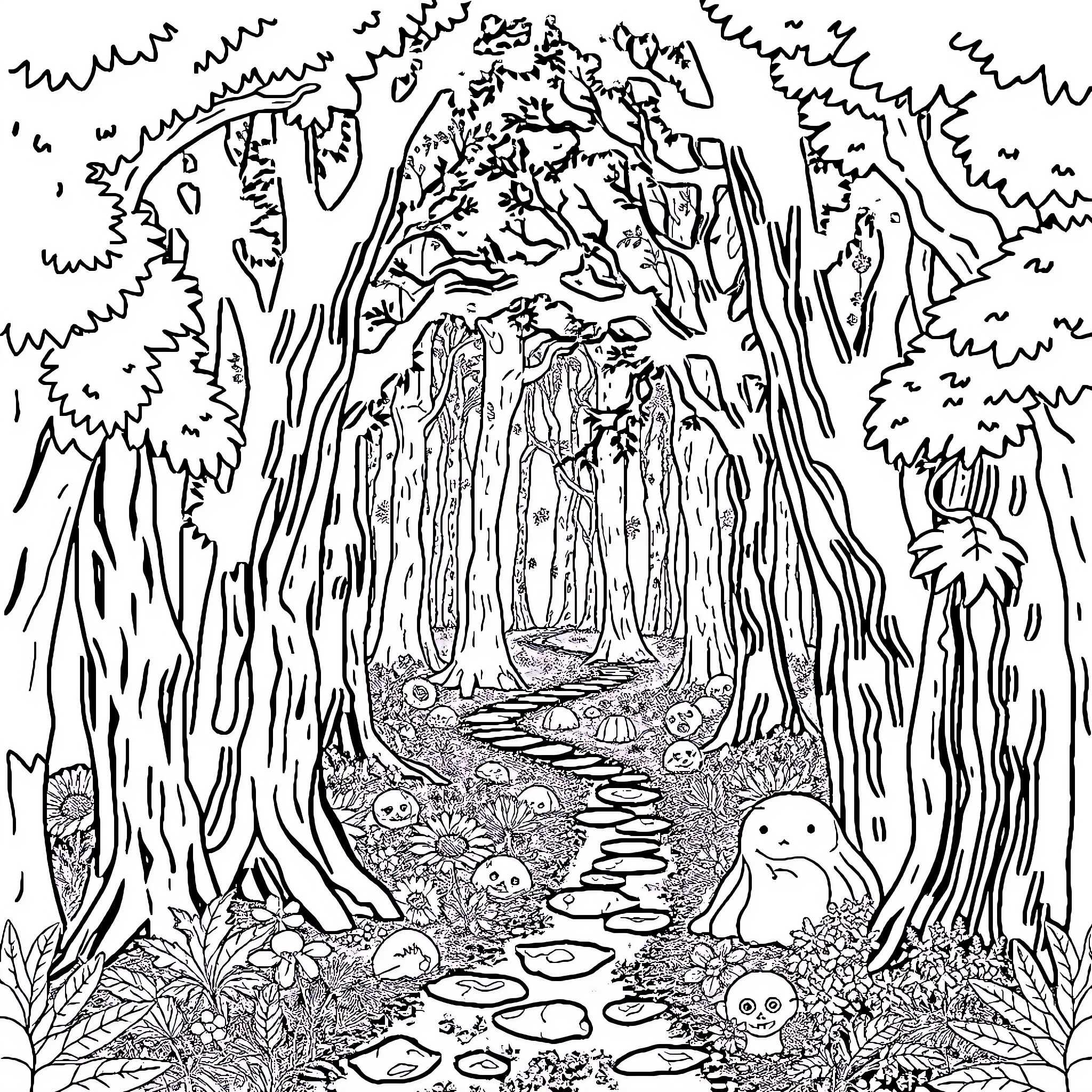 Enchanted Forest with Mysterious Creatures and Winding Path Coloring Page (free black-and-white line drawing printable PDF for all, from beginners to advanced learners, including children, teens, adults, and seniors)