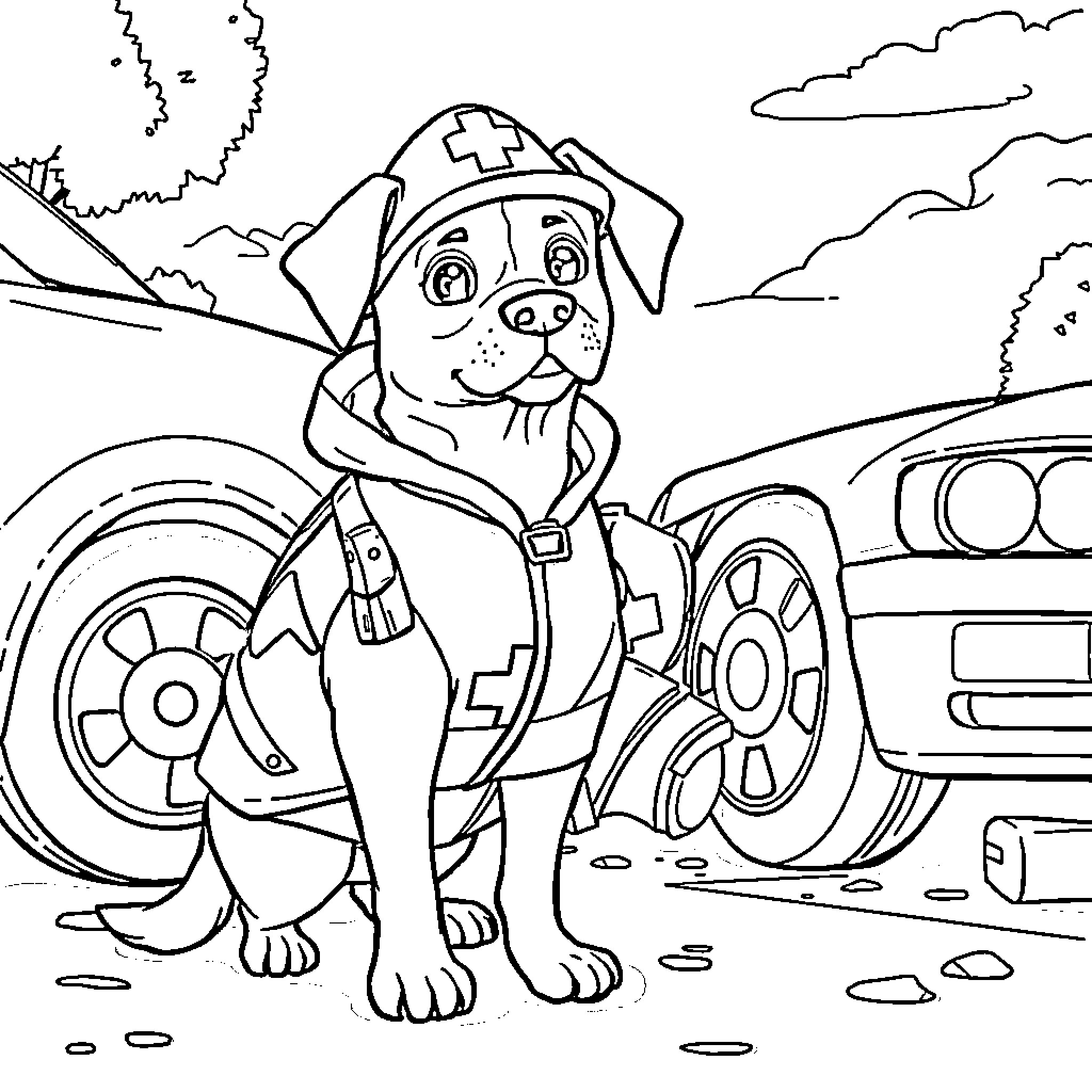 Dog in firefighter outfit rescues vehicle in nature Coloring Page (free black-and-white line drawing printable PDF for all, from beginners to advanced learners, including children, teens, adults, and seniors)