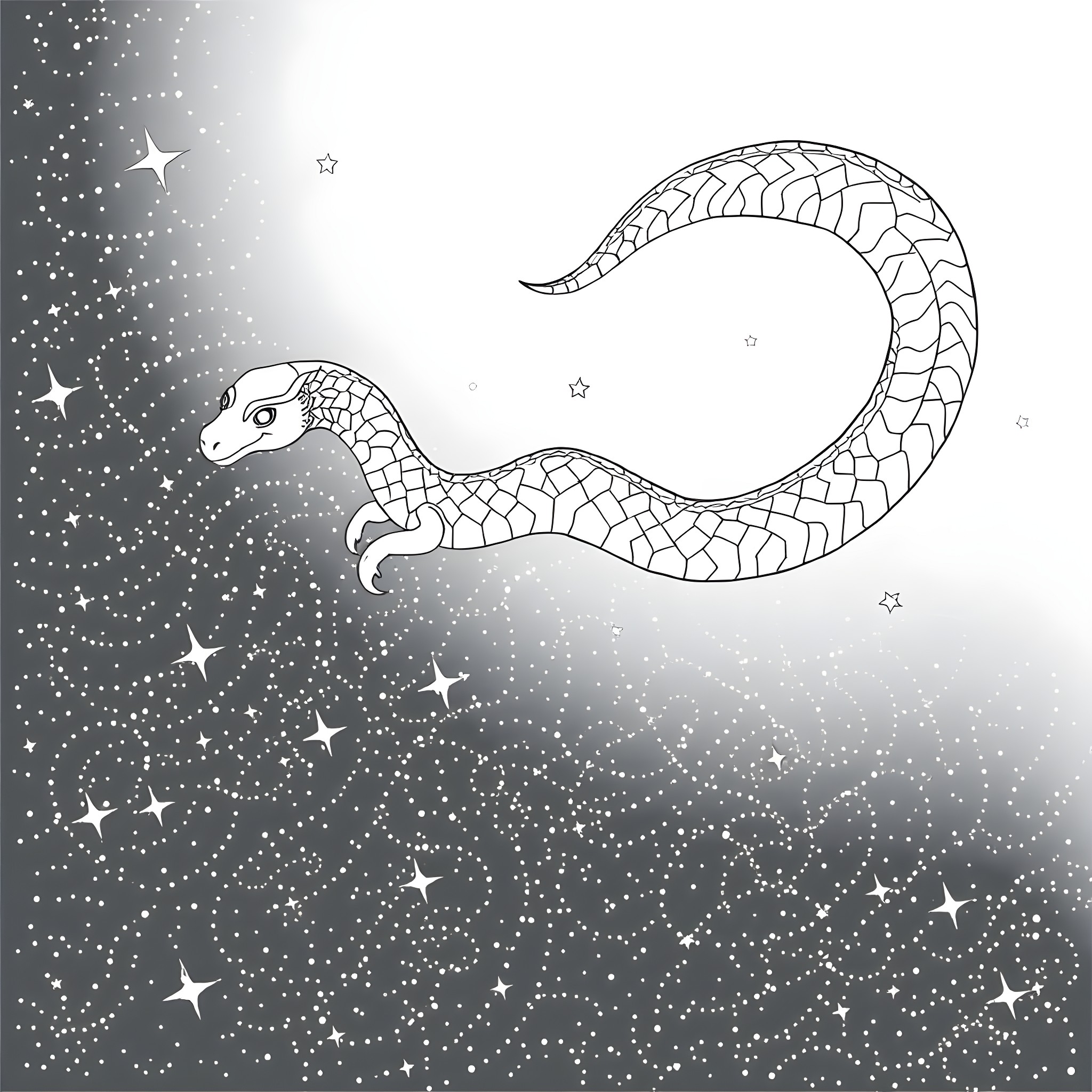 Uktena serpent slithering amidst the stars Coloring Page (free black-and-white line drawing printable PDF for all, from beginners to advanced learners, including children, teens, adults, and seniors)