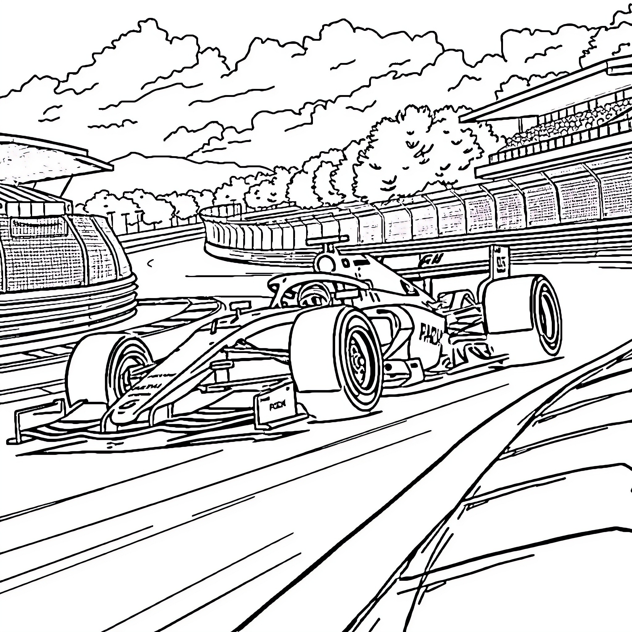 Formula 1 Car Racing on Winding Track Coloring Page (free black-and-white line drawing printable PDF for all, from beginners to advanced learners, including children, teens, adults, and seniors)