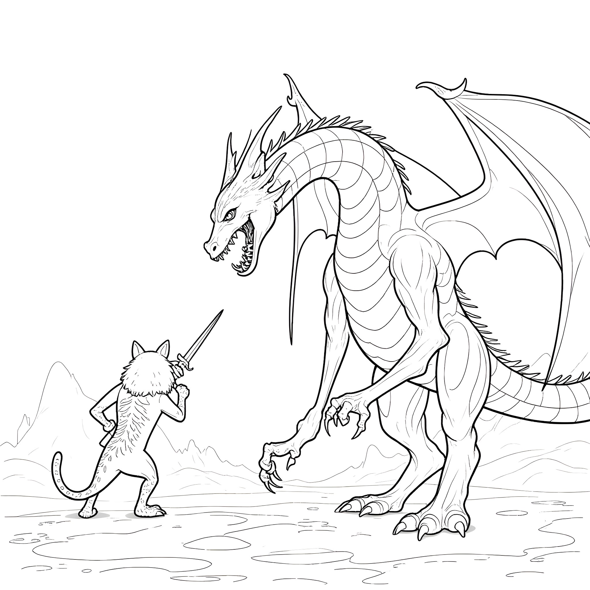 Dragon confronting a small animal in the wild Coloring Page (free black-and-white line drawing printable PDF for all, from beginners to advanced learners, including children, teens, adults, and seniors)