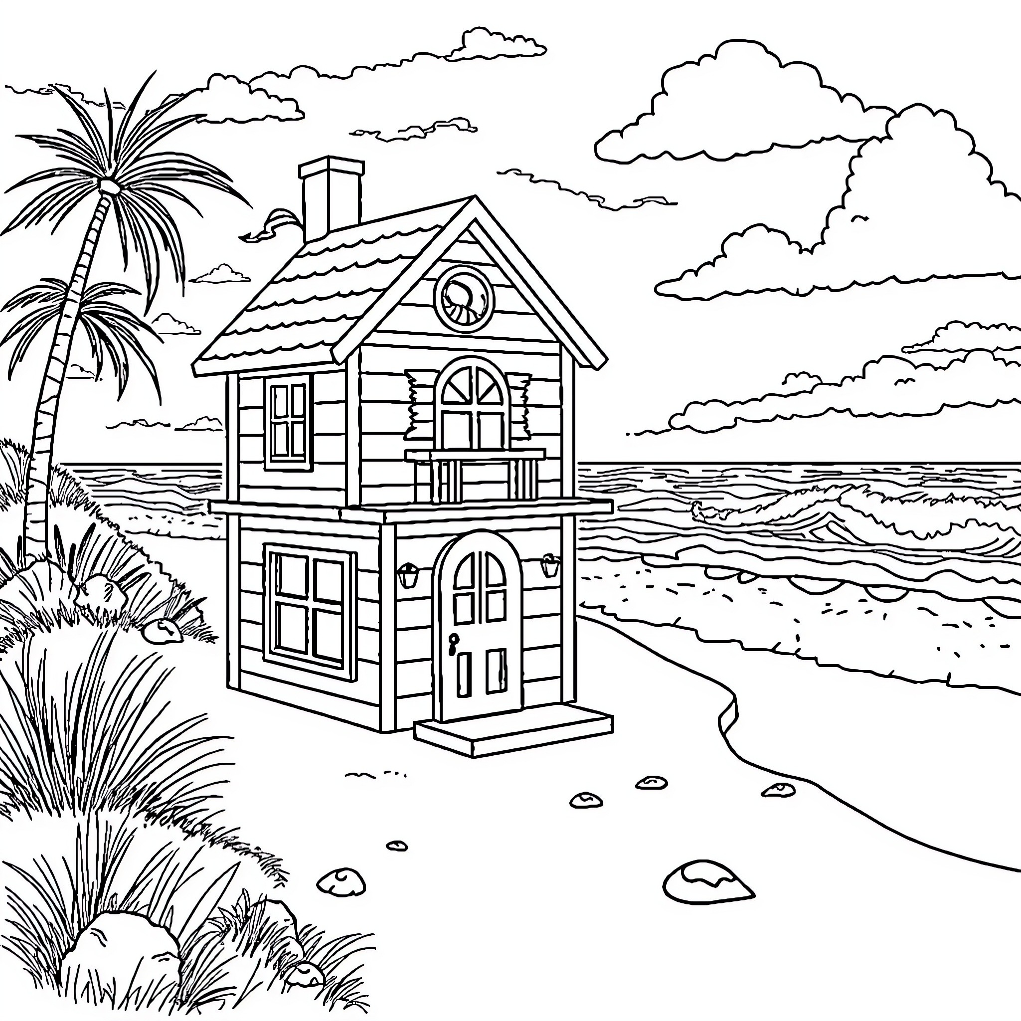 Dollhouse by the Tropical Beach Coloring Page (free black-and-white line drawing printable PDF for all, from beginners to advanced learners, including children, teens, adults, and seniors)
