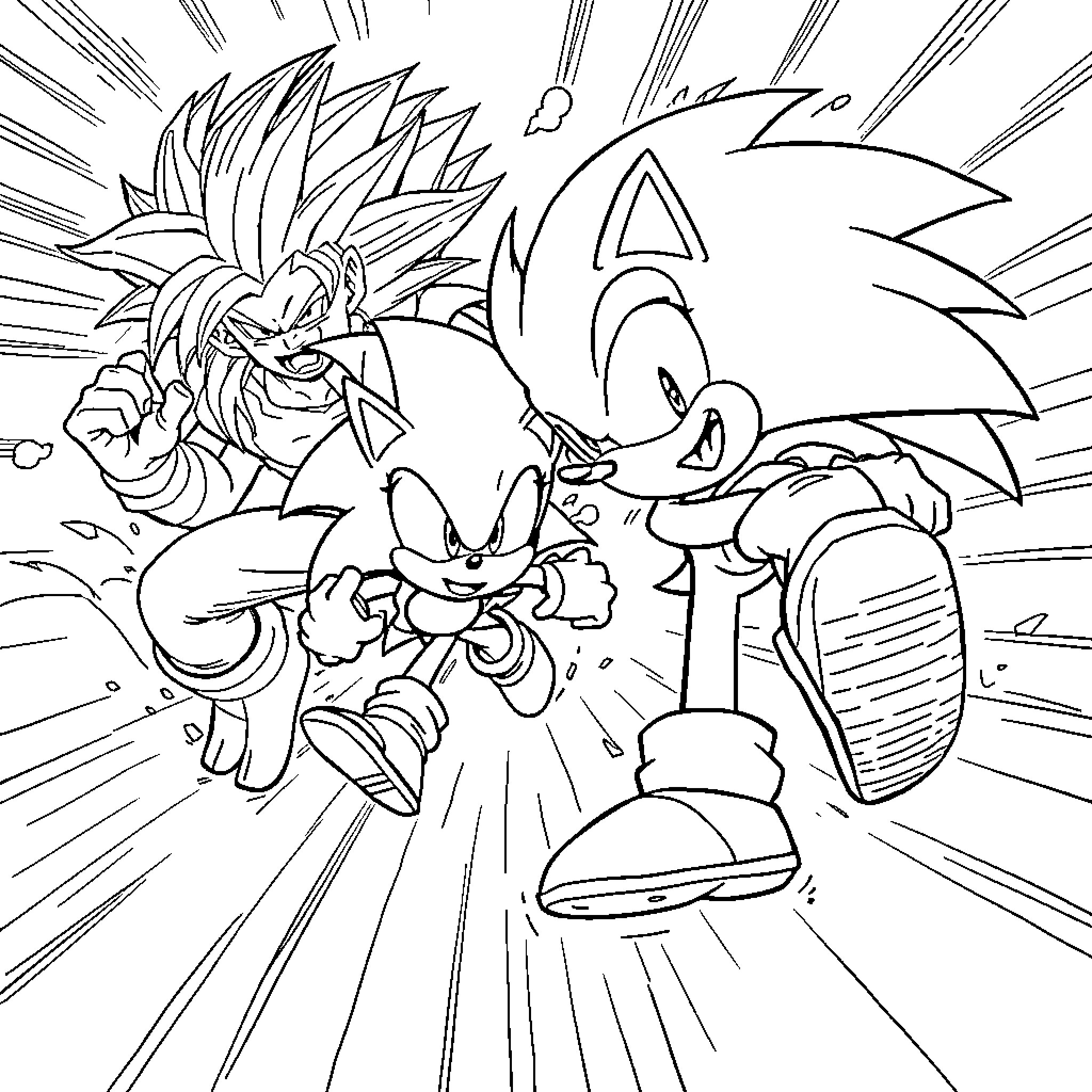 Sonic characters in dynamic action poses Coloring Page (free black-and-white line drawing printable PDF for all, from beginners to advanced learners, including children, teens, adults, and seniors)