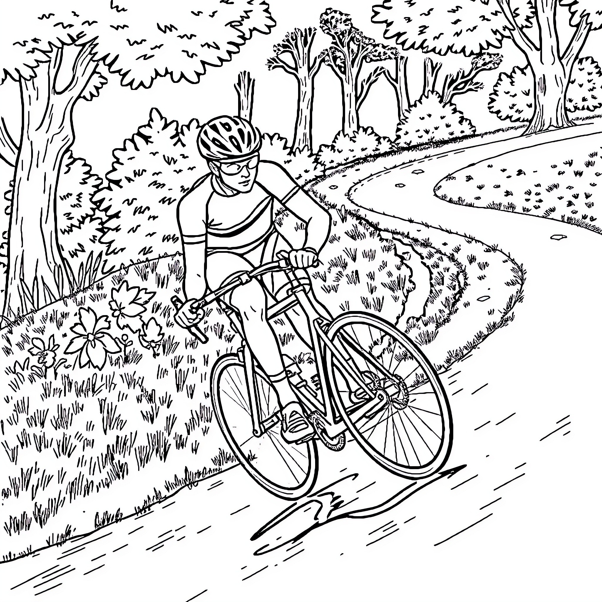 Bike Rider cycling through a scenic forest path Coloring Page (free black-and-white line drawing printable PDF for all, from beginners to advanced learners, including children, teens, adults, and seniors)