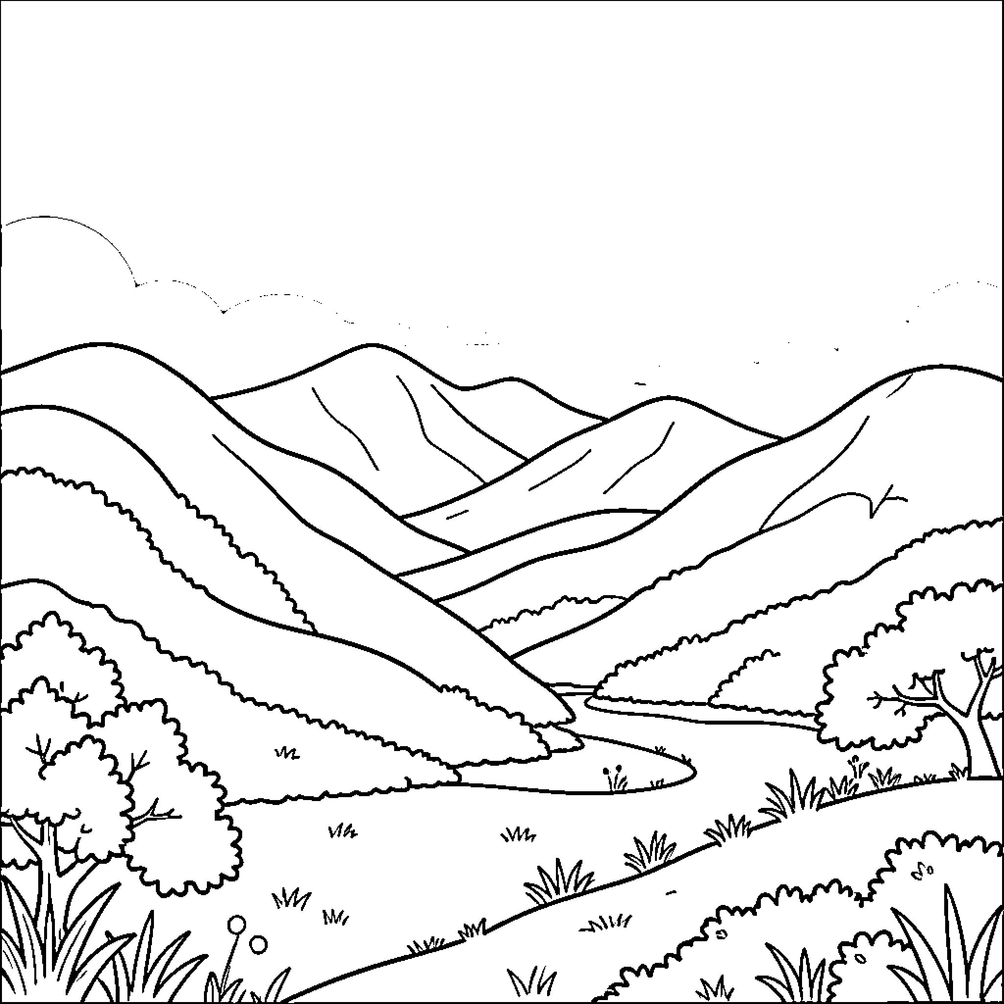 Nature landscape with mountains and wilderness Coloring Page (free black-and-white line drawing printable PDF for all, from beginners to advanced learners, including children, teens, adults, and seniors)