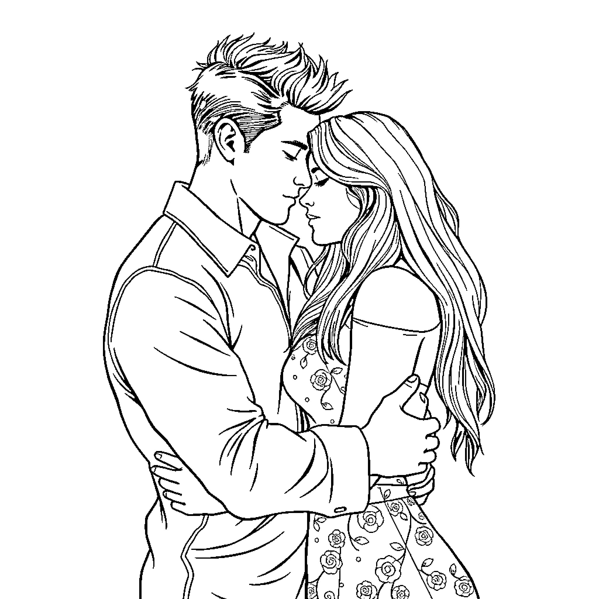Couple embracing tenderly in intimate moment Coloring Page (free black-and-white line drawing printable PDF for all, from beginners to advanced learners, including children, teens, adults, and seniors)