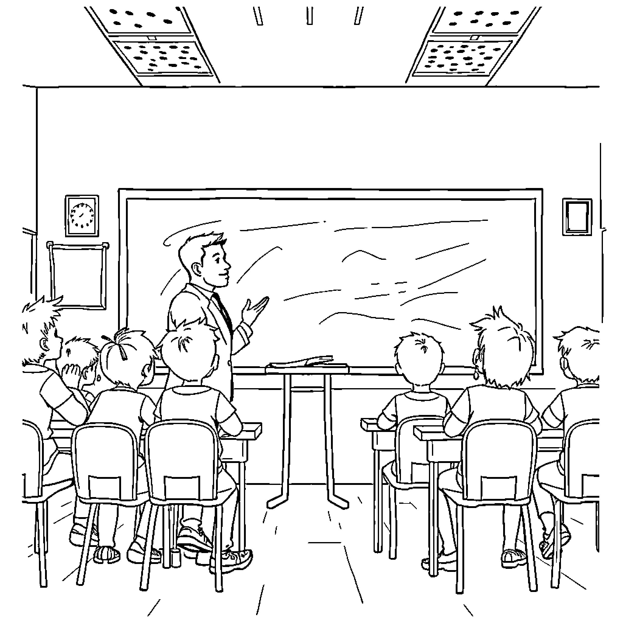 Profesor teaching students in the classroom Coloring Page (free black-and-white line drawing printable PDF for all, from beginners to advanced learners, including children, teens, adults, and seniors)