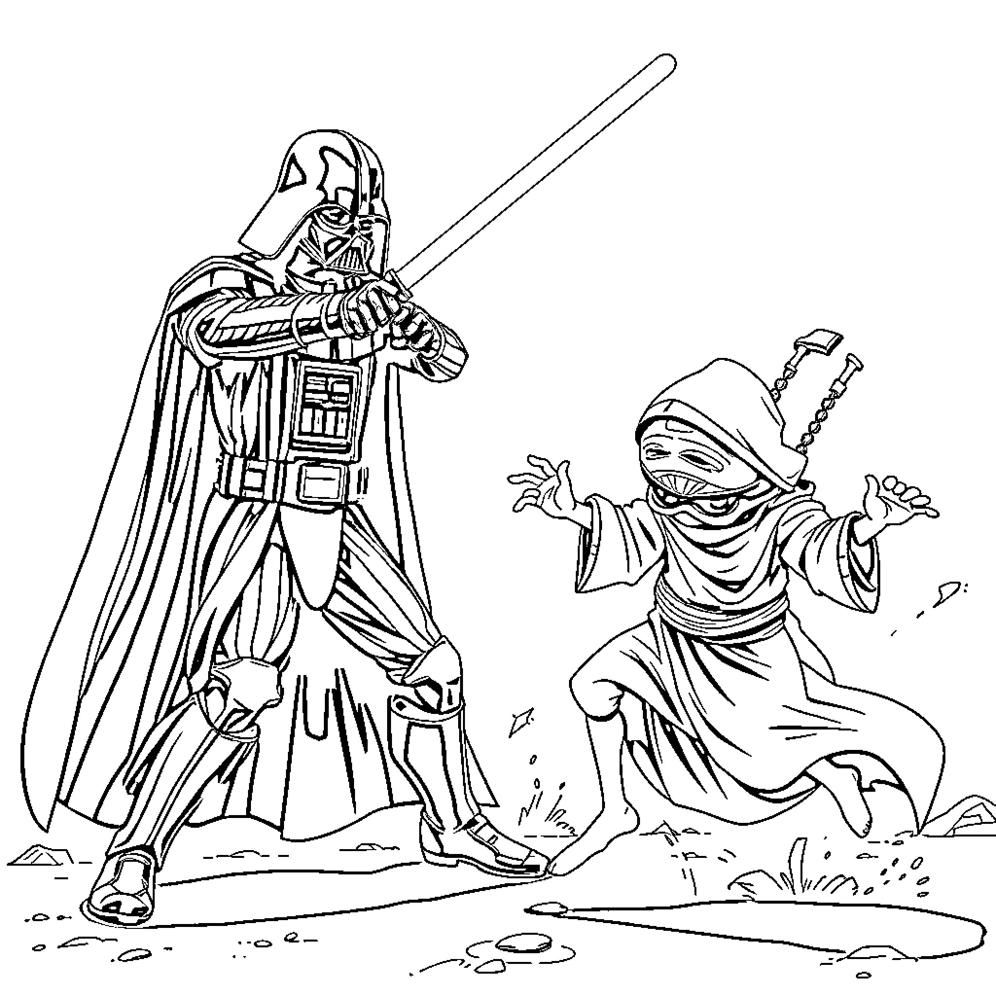 Darth Vader confronting a fearful figure Coloring Page (free black-and-white line drawing printable PDF for all, from beginners to advanced learners, including children, teens, adults, and seniors)