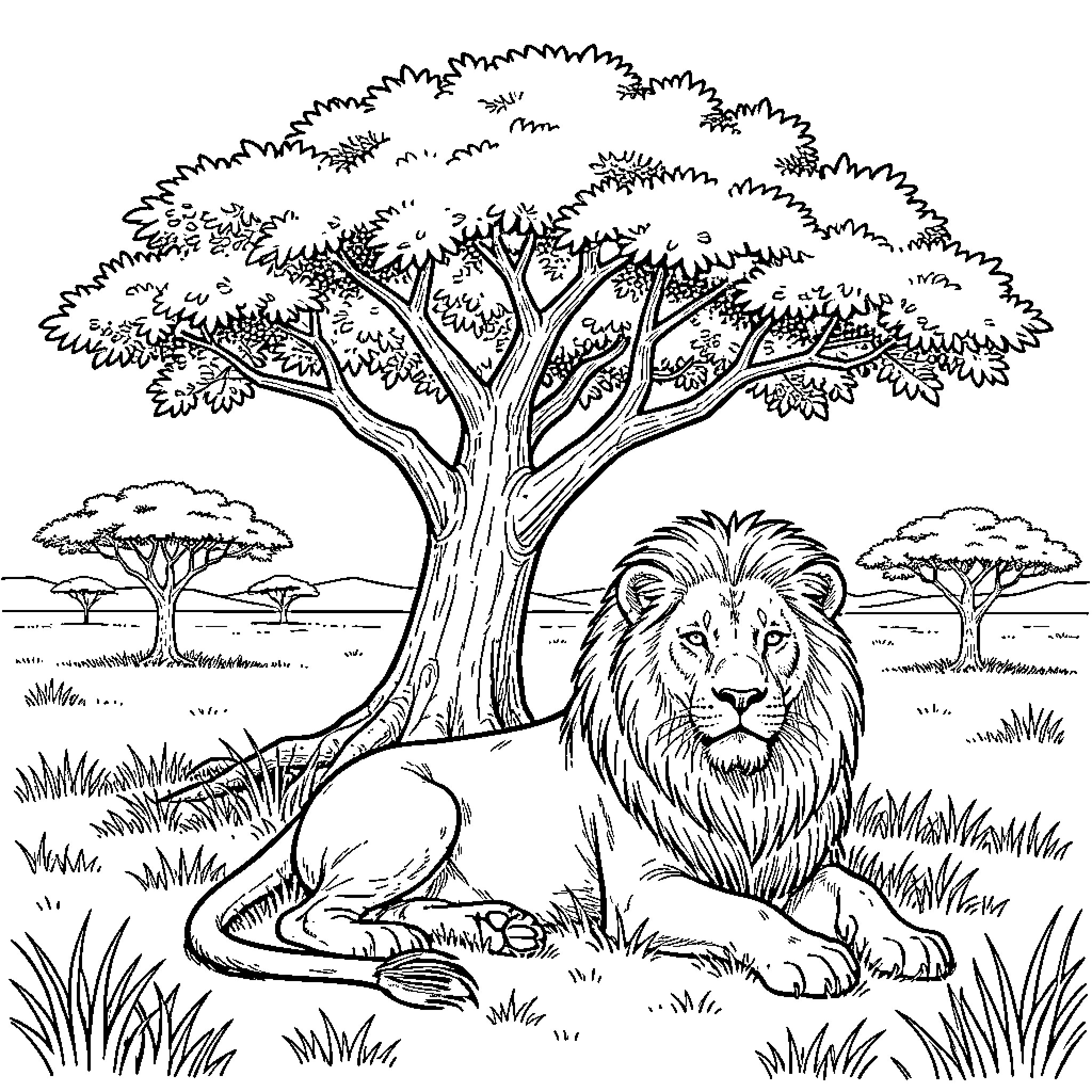 Lion resting under a large tree in the savanna Coloring Page (free black-and-white line drawing printable PDF for all, from beginners to advanced learners, including children, teens, adults, and seniors)