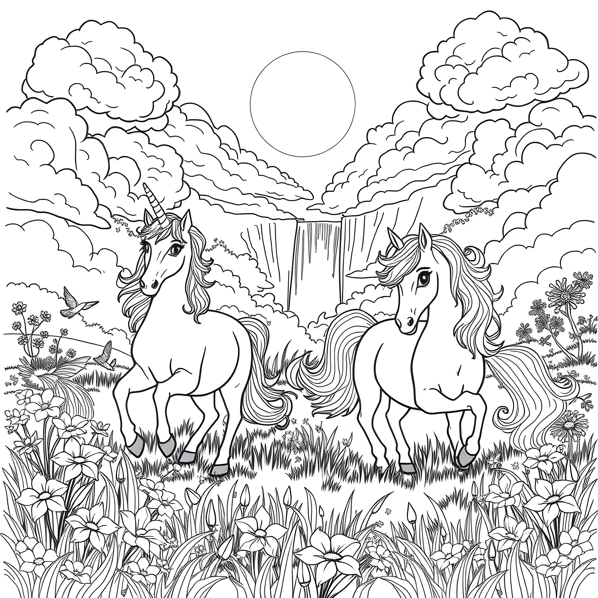 Unicorn couple frolicking in a magical forest Coloring Page (free black-and-white line drawing printable PDF for all, from beginners to advanced learners, including children, teens, adults, and seniors)