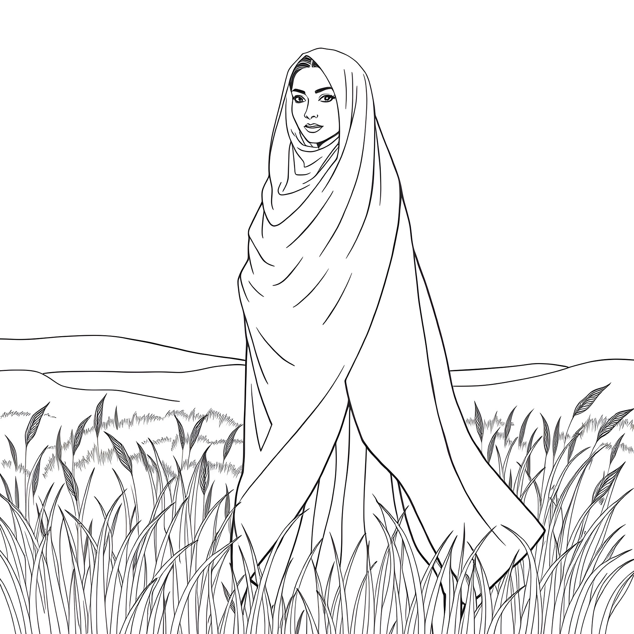 Woman in modest attire standing in grassy field Coloring Page (free black-and-white line drawing printable PDF for all, from beginners to advanced learners, including children, teens, adults, and seniors)