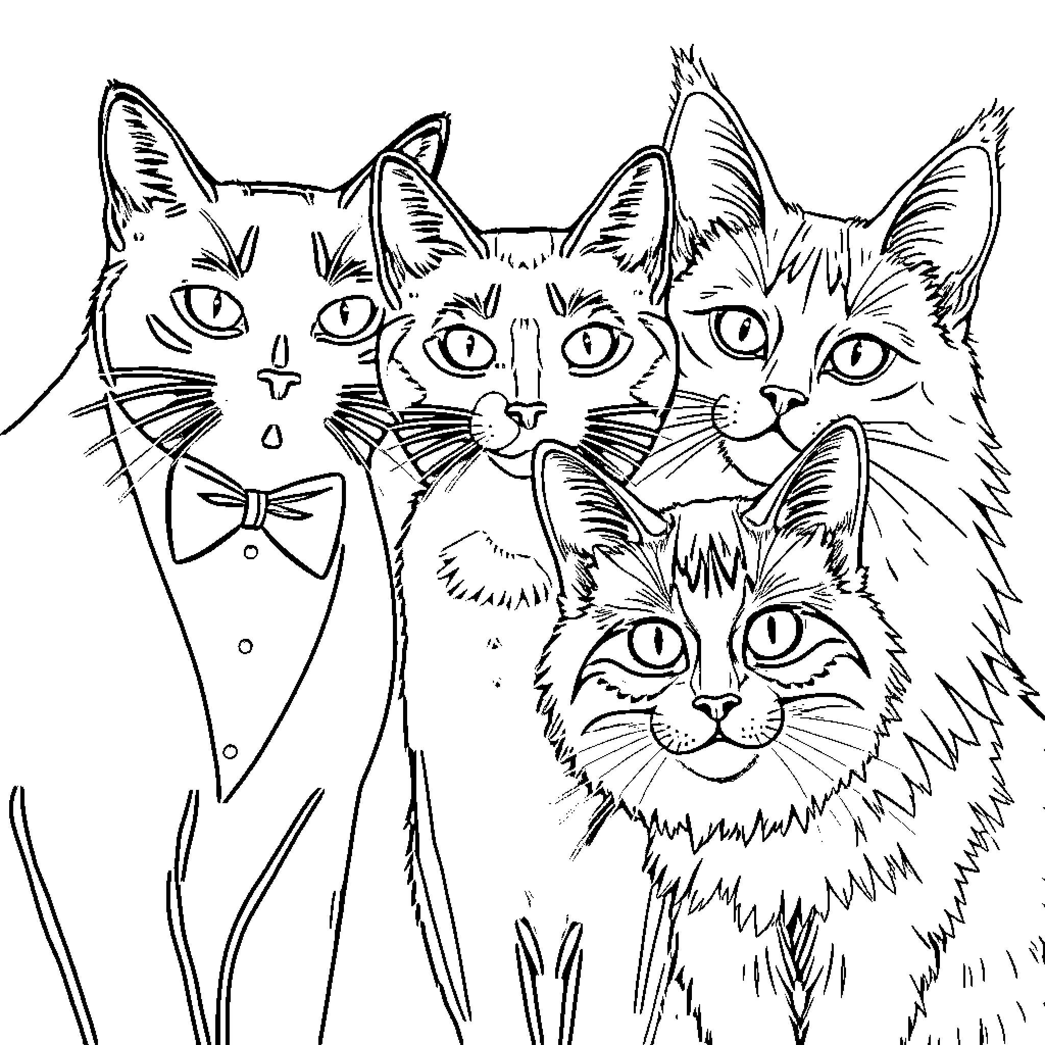 Cat Pals in Formal Attire Coloring Page (free black-and-white line drawing printable PDF for all, from beginners to advanced learners, including children, teens, adults, and seniors)