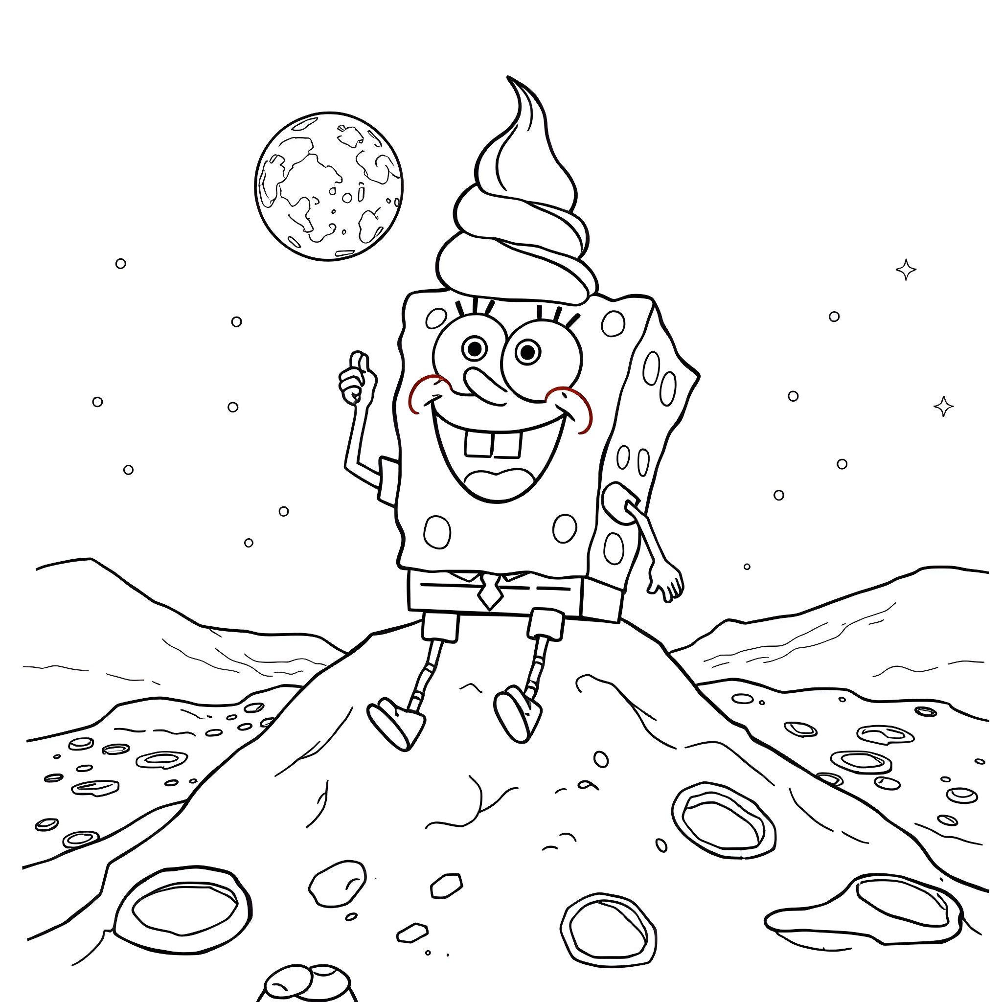 Spongebob jumping excitedly on the moon Coloring Page (free black-and-white line drawing printable PDF for all, from beginners to advanced learners, including children, teens, adults, and seniors)