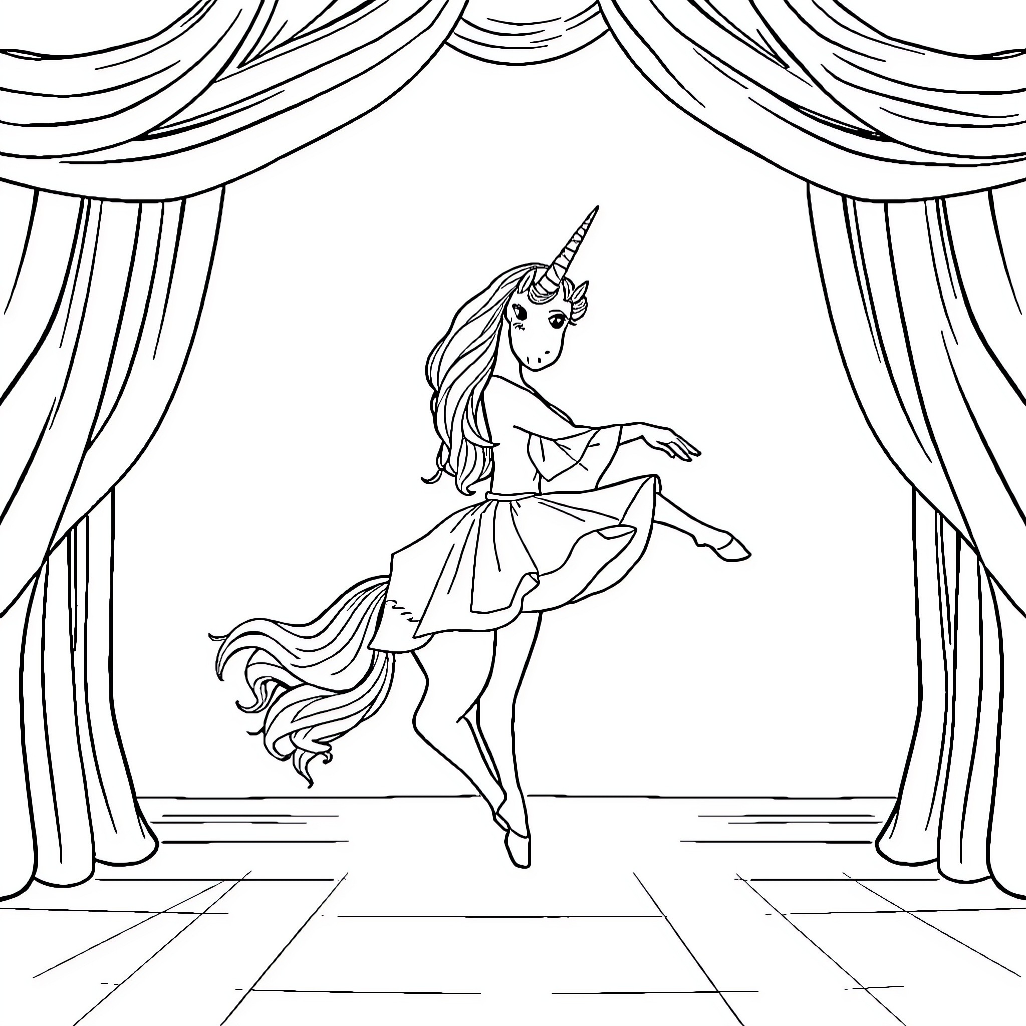 Unicorn ballet dancer on stage Coloring Page (free black-and-white line drawing printable PDF for all, from beginners to advanced learners, including children, teens, adults, and seniors)