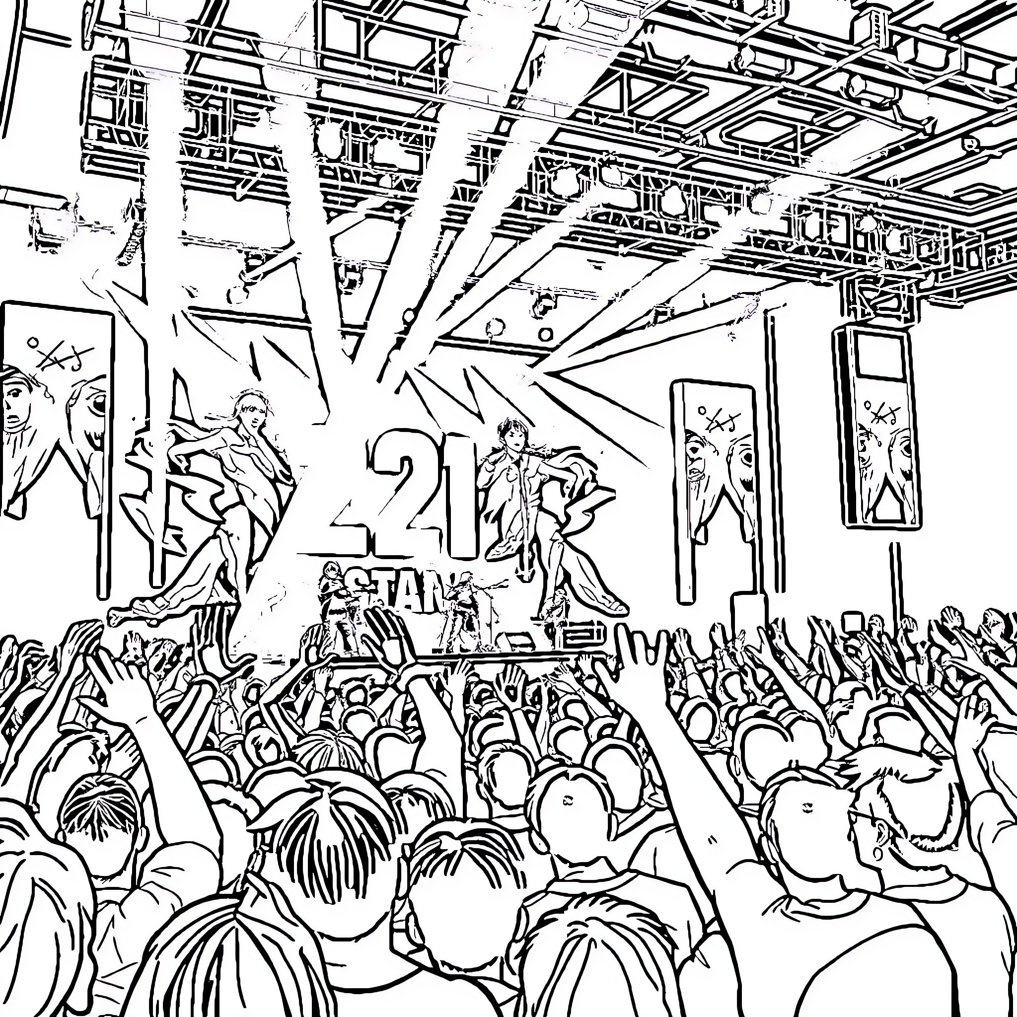 BTS Performing on Stage with Adoring Crowd Coloring Page (free black-and-white line drawing printable PDF for all, from beginners to advanced learners, including children, teens, adults, and seniors)