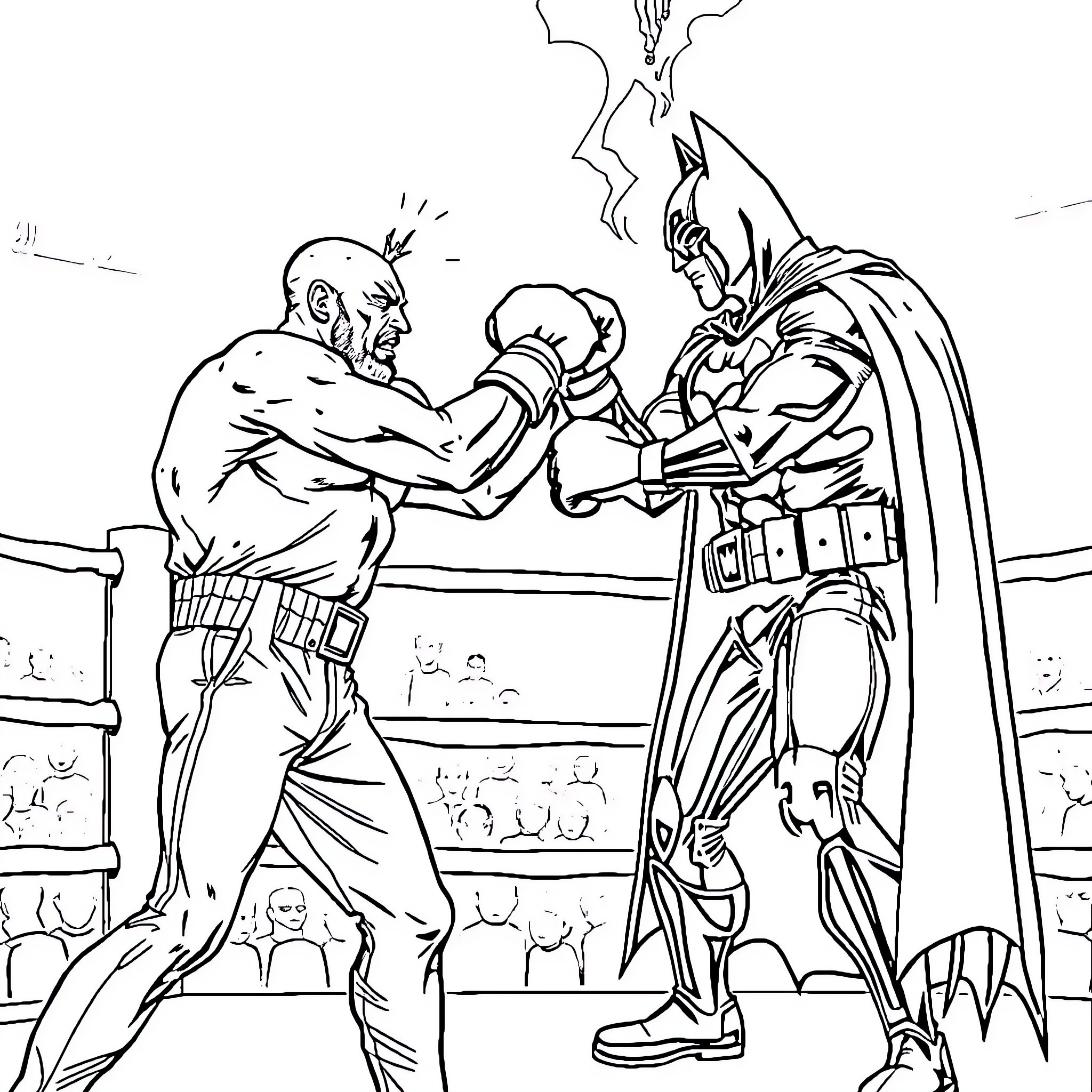Papa Heroes Battling in Arena Coloring Page (free black-and-white line drawing printable PDF for all, from beginners to advanced learners, including children, teens, adults, and seniors)