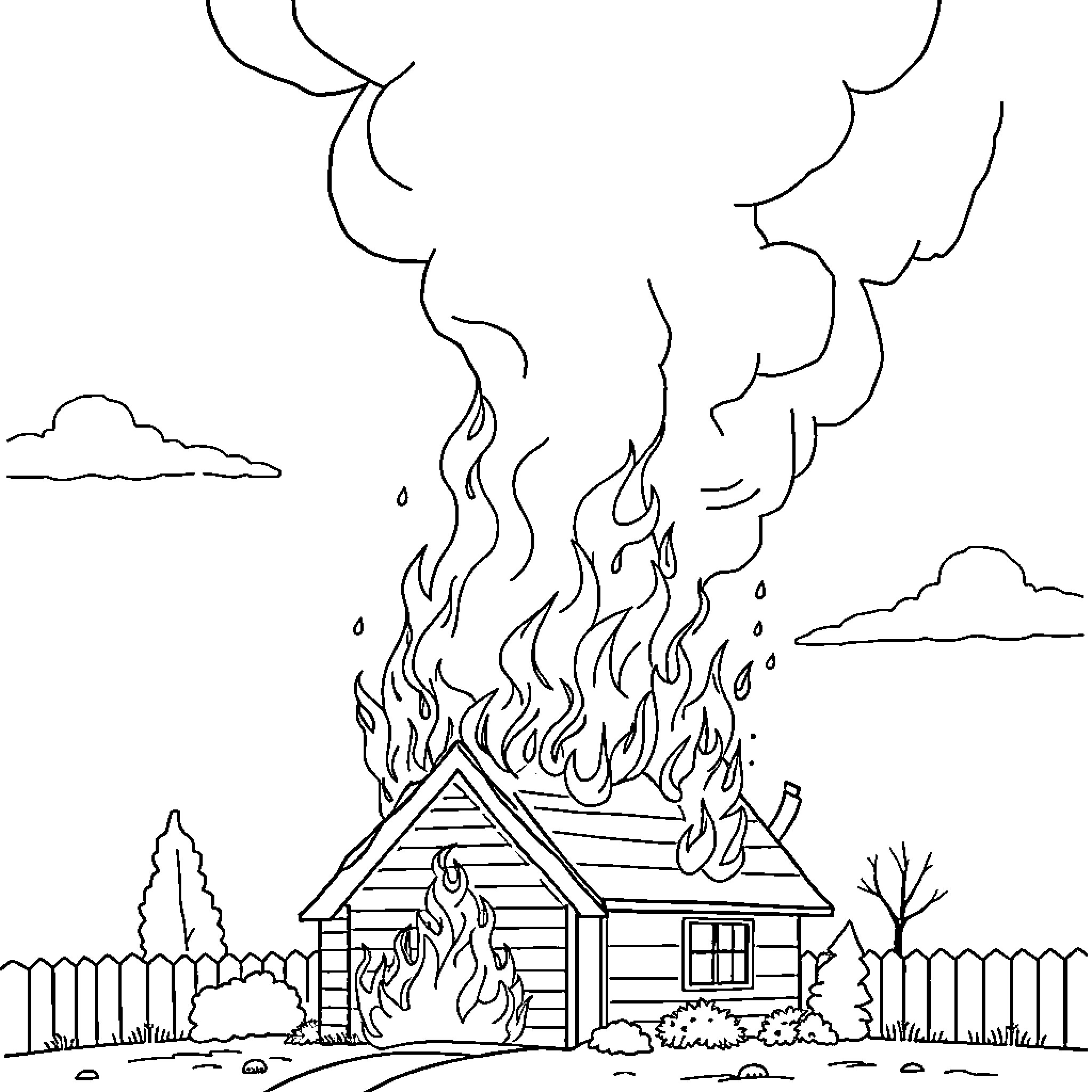 House on fire in the wilderness Coloring Page (free black-and-white line drawing printable PDF for all, from beginners to advanced learners, including children, teens, adults, and seniors)