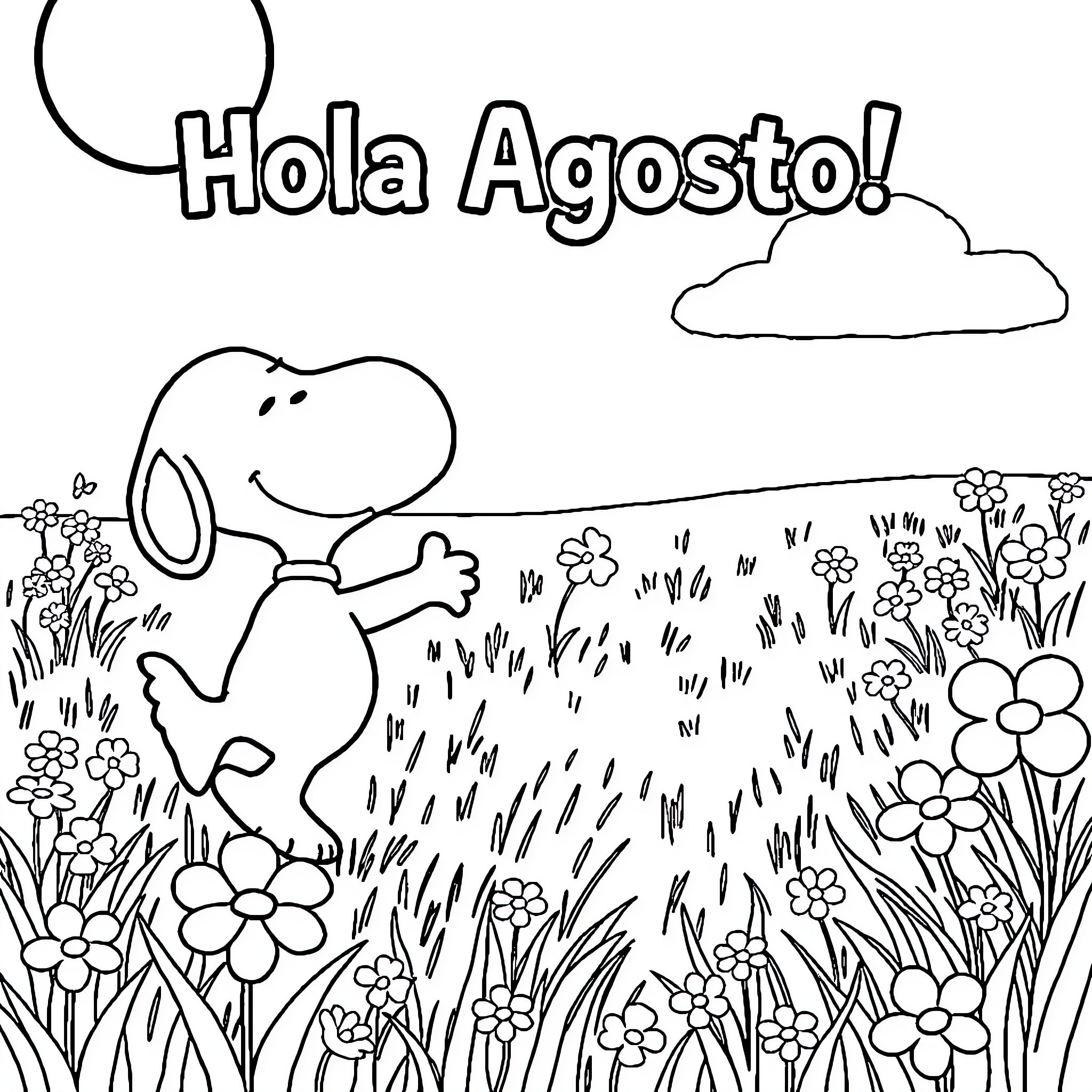 Snoopy enjoying a summer day in the garden Coloring Page (free black-and-white line drawing printable PDF for all, from beginners to advanced learners, including children, teens, adults, and seniors)