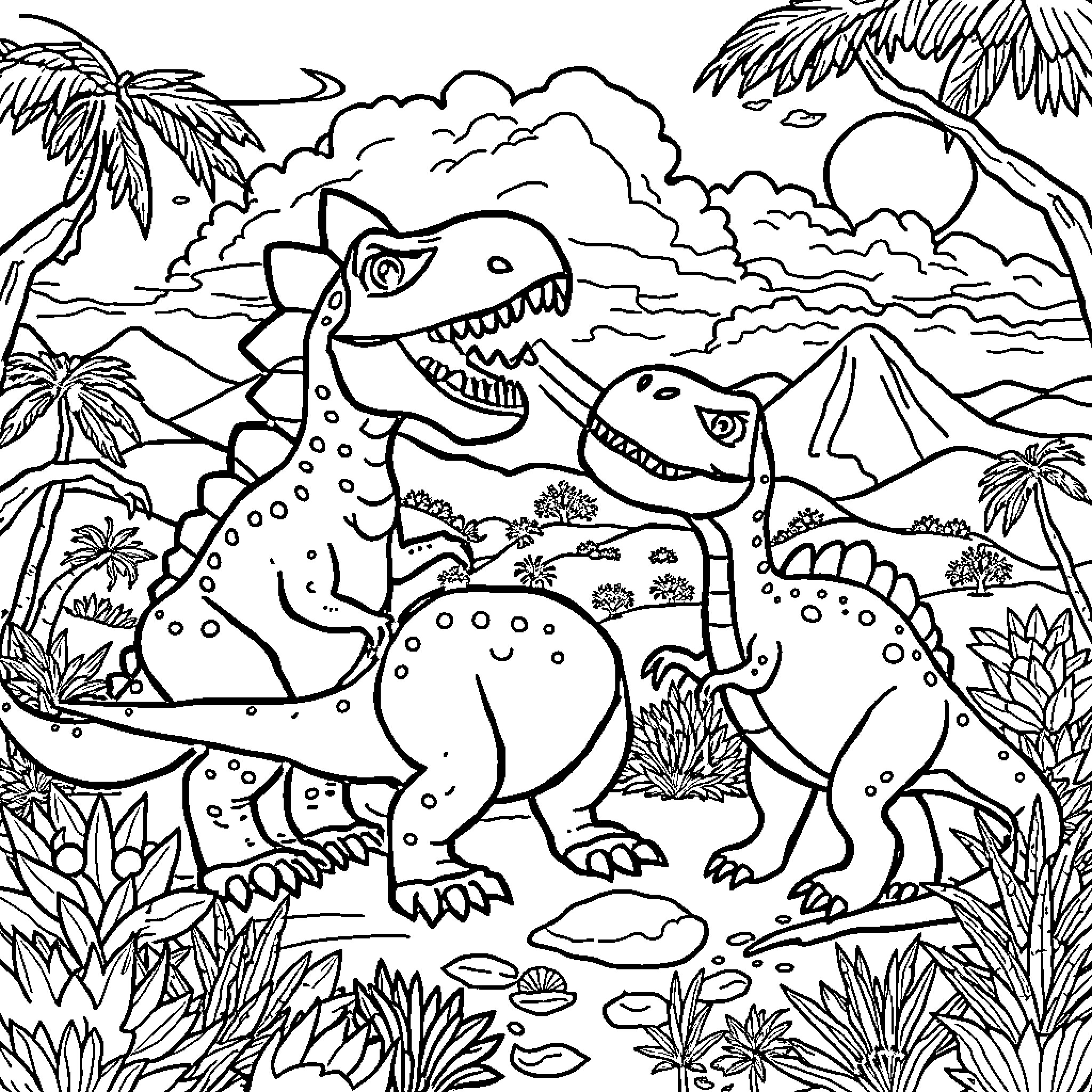 Dinosaurs playing in the prehistoric landscape Coloring Page (free black-and-white line drawing printable PDF for all, from beginners to advanced learners, including children, teens, adults, and seniors)