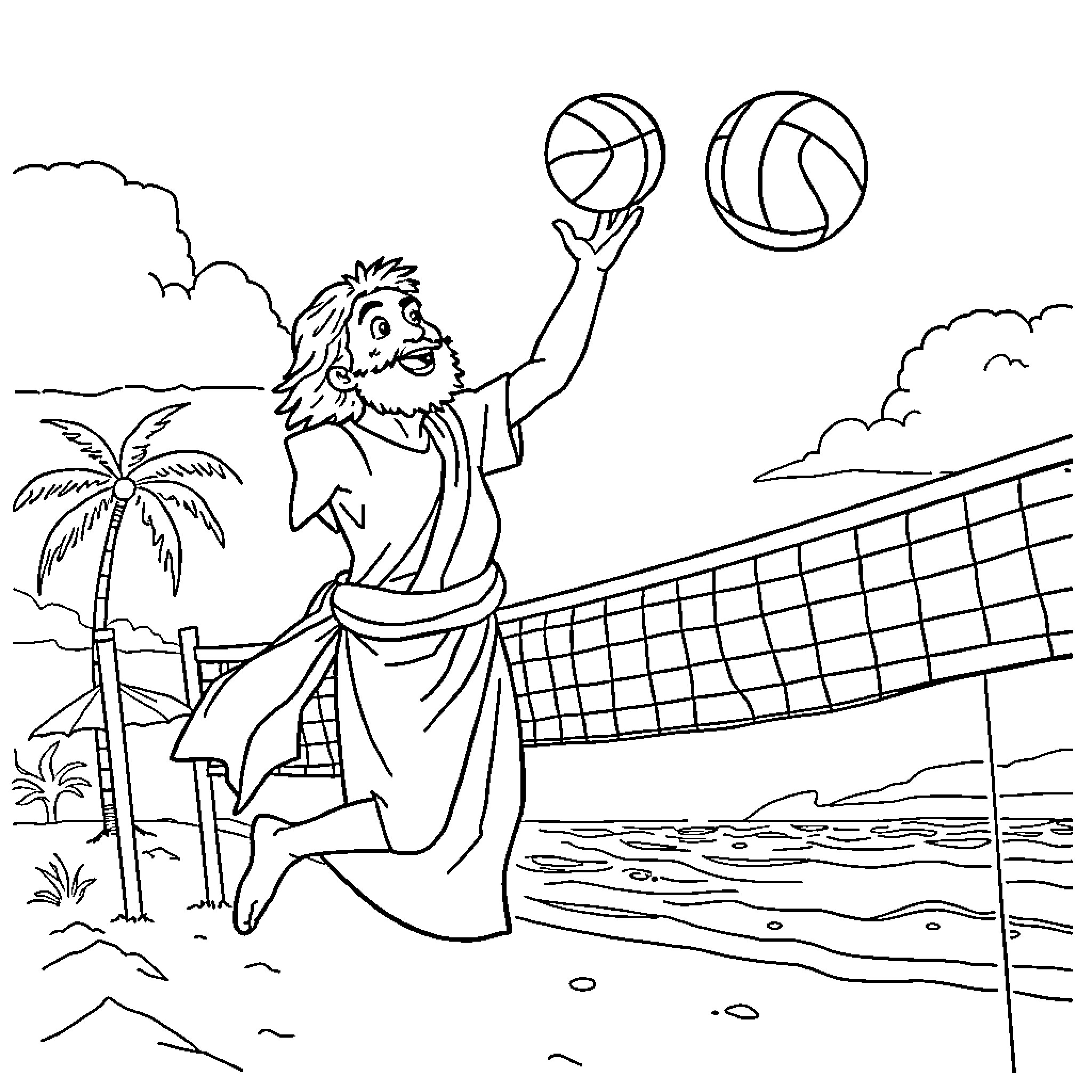Jesus playing joyfully with volleyballs on the beach Coloring Page (free black-and-white line drawing printable PDF for all, from beginners to advanced learners, including children, teens, adults, and seniors)