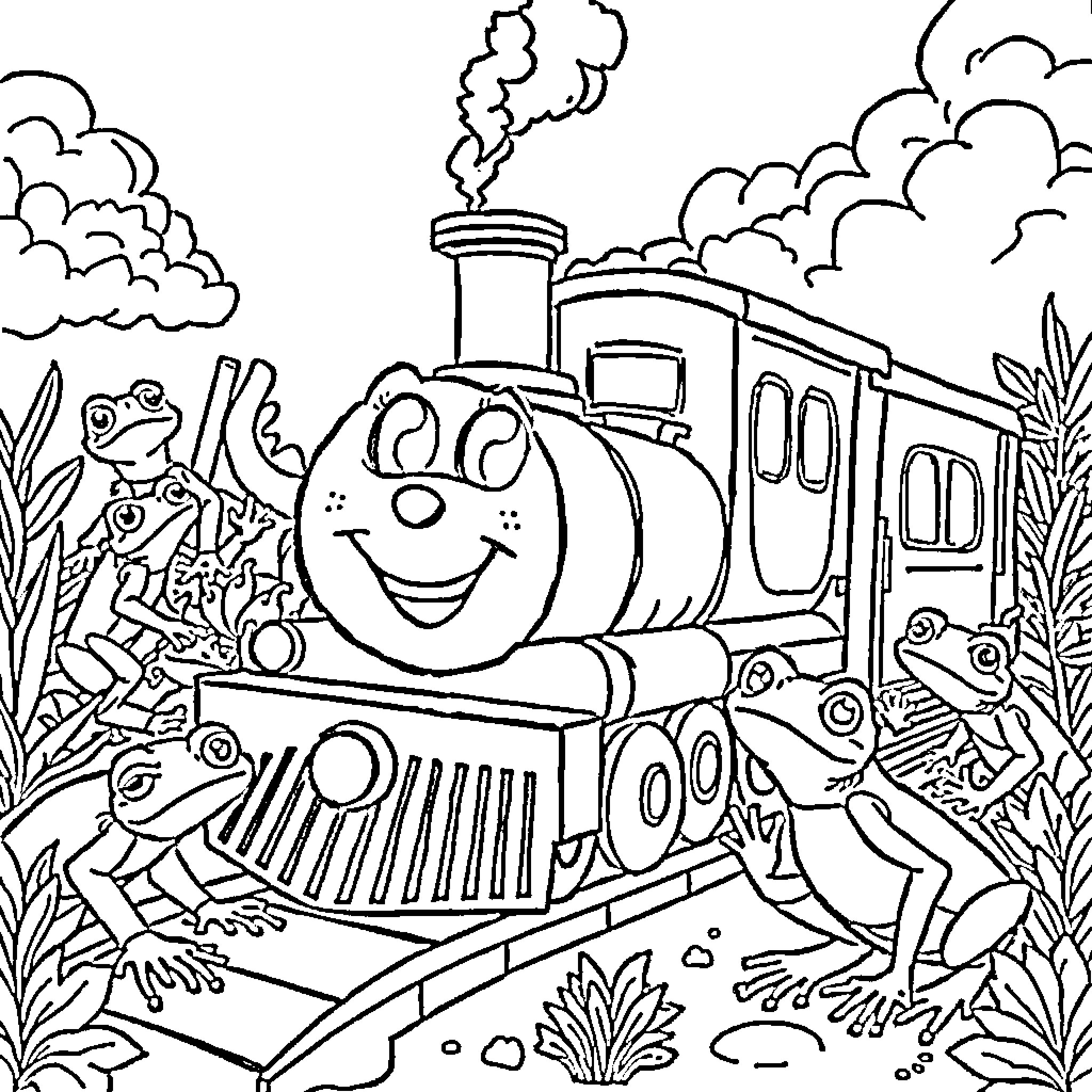Train Carrying Smiling Characters Through Lush Landscape Coloring Page (free black-and-white line drawing printable PDF for all, from beginners to advanced learners, including children, teens, adults, and seniors)