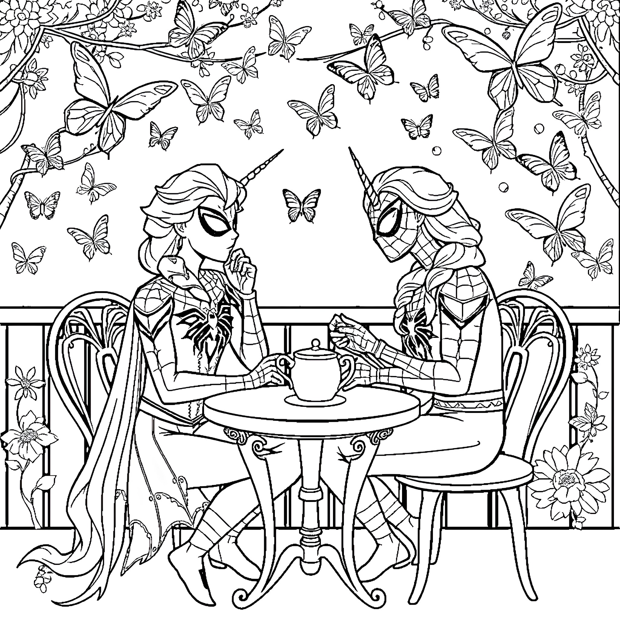 Spiderman and Unicorn enjoying tea party with butterflies Coloring Page (free black-and-white line drawing printable PDF for all, from beginners to advanced learners, including children, teens, adults, and seniors)