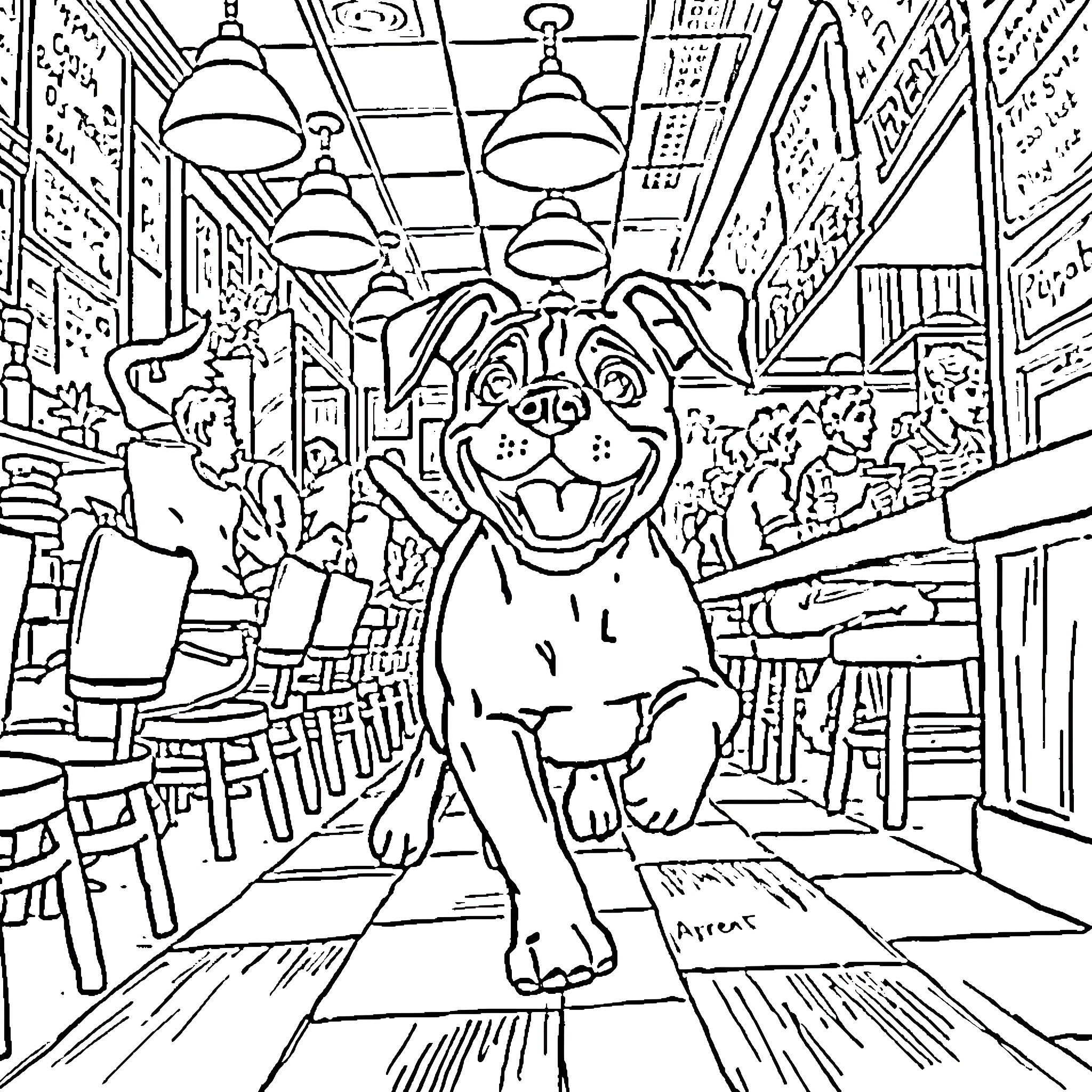 Boxer dog in a busy restaurant scene Coloring Page (free black-and-white line drawing printable PDF for all, from beginners to advanced learners, including children, teens, adults, and seniors)