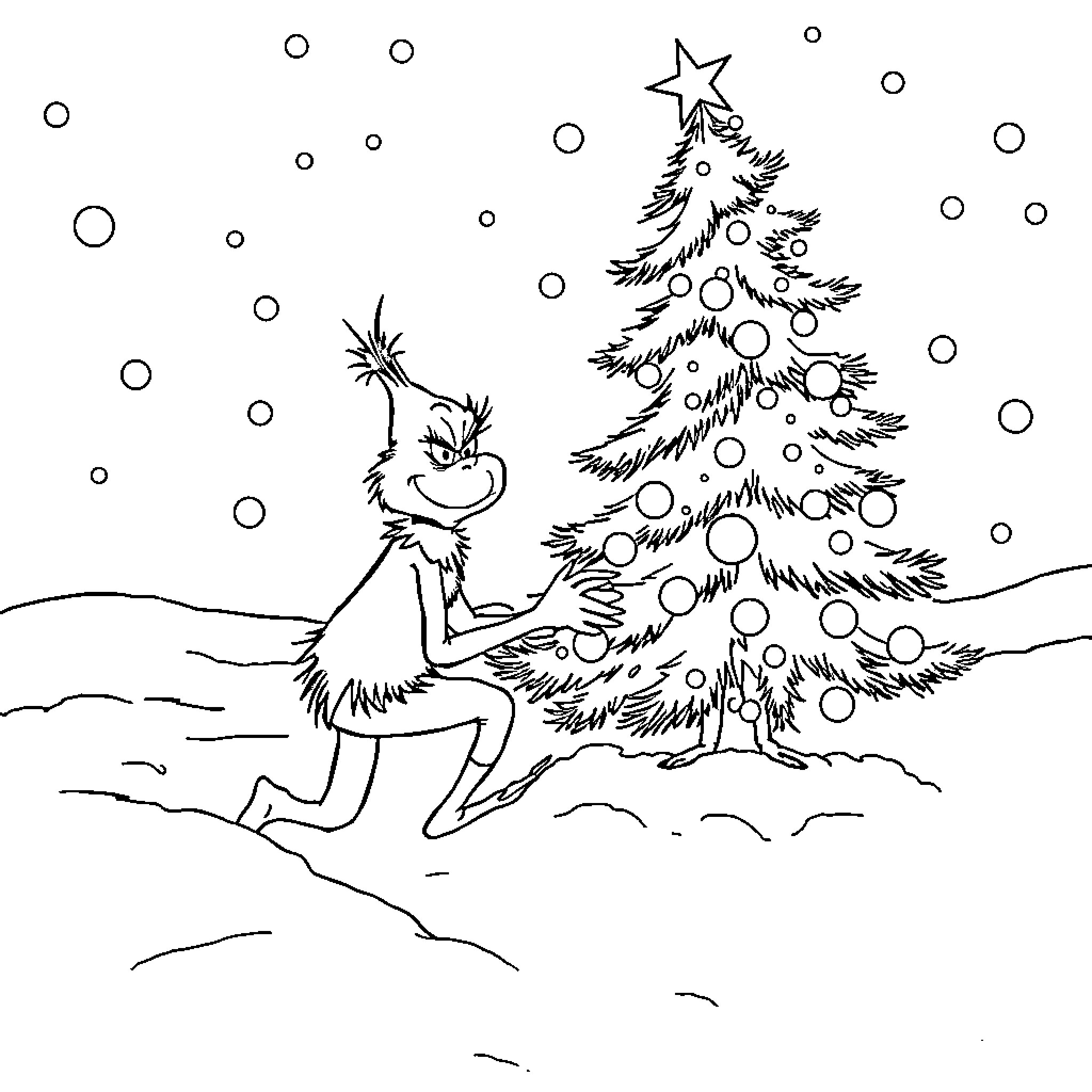 Grinch decorating Christmas tree in snowy scene Coloring Page (free black-and-white line drawing printable PDF for all, from beginners to advanced learners, including children, teens, adults, and seniors)
