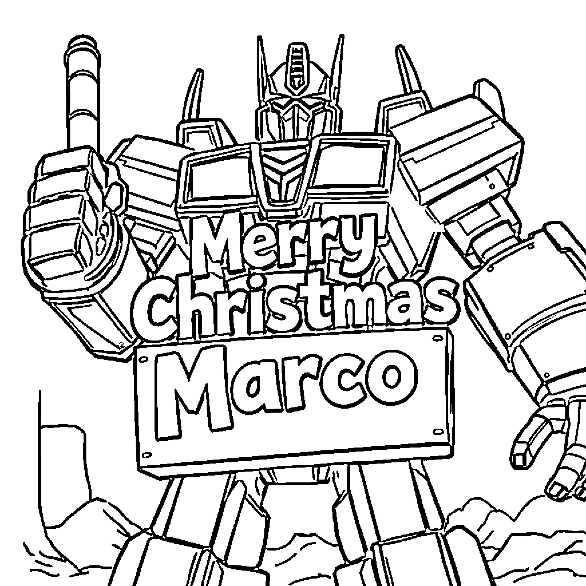 Megatron's Merry Christmas Greeting Coloring Page (free black-and-white line drawing printable PDF for all, from beginners to advanced learners, including children, teens, adults, and seniors)