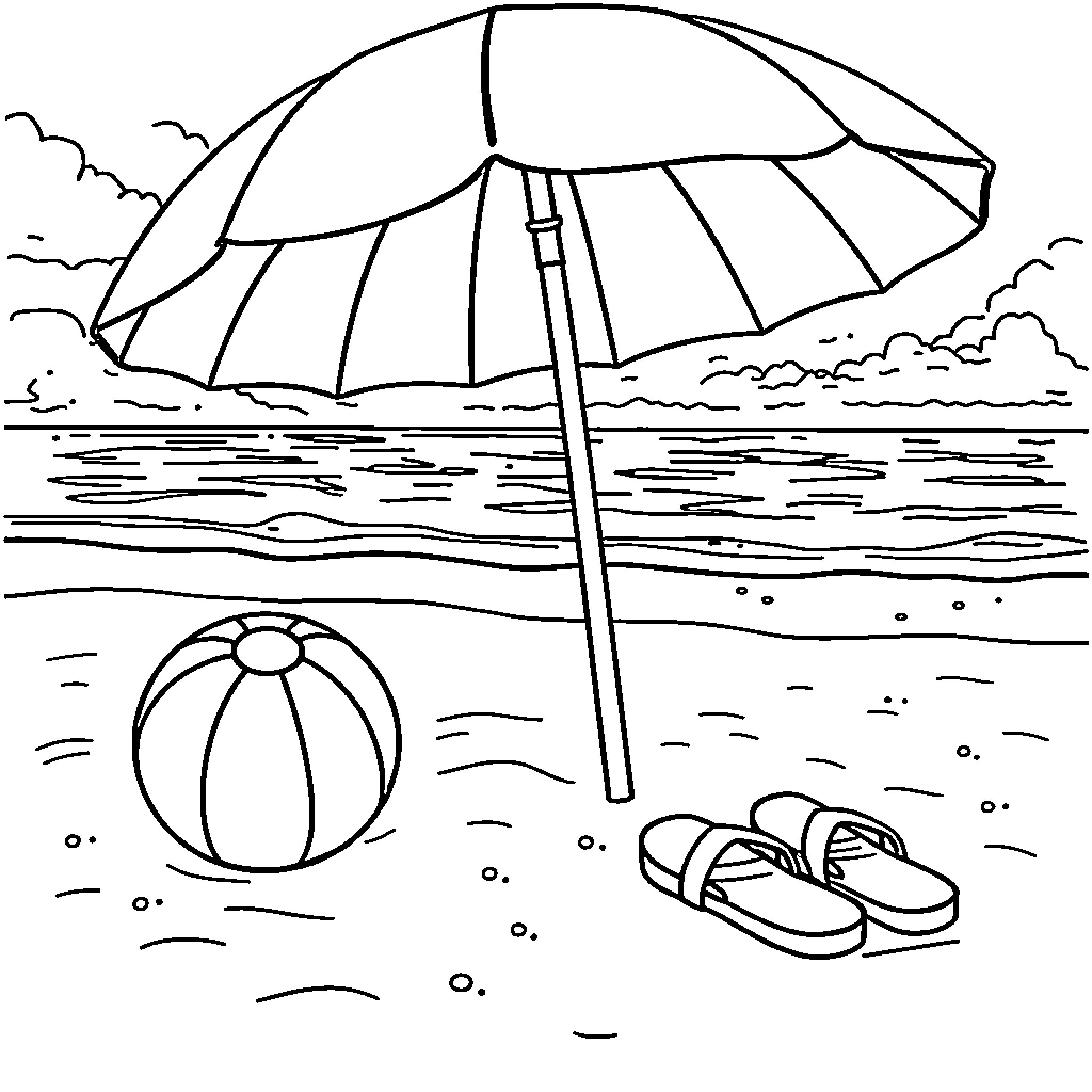Beach Item Summer Scene Coloring Page (free black-and-white line drawing printable PDF for all, from beginners to advanced learners, including children, teens, adults, and seniors)