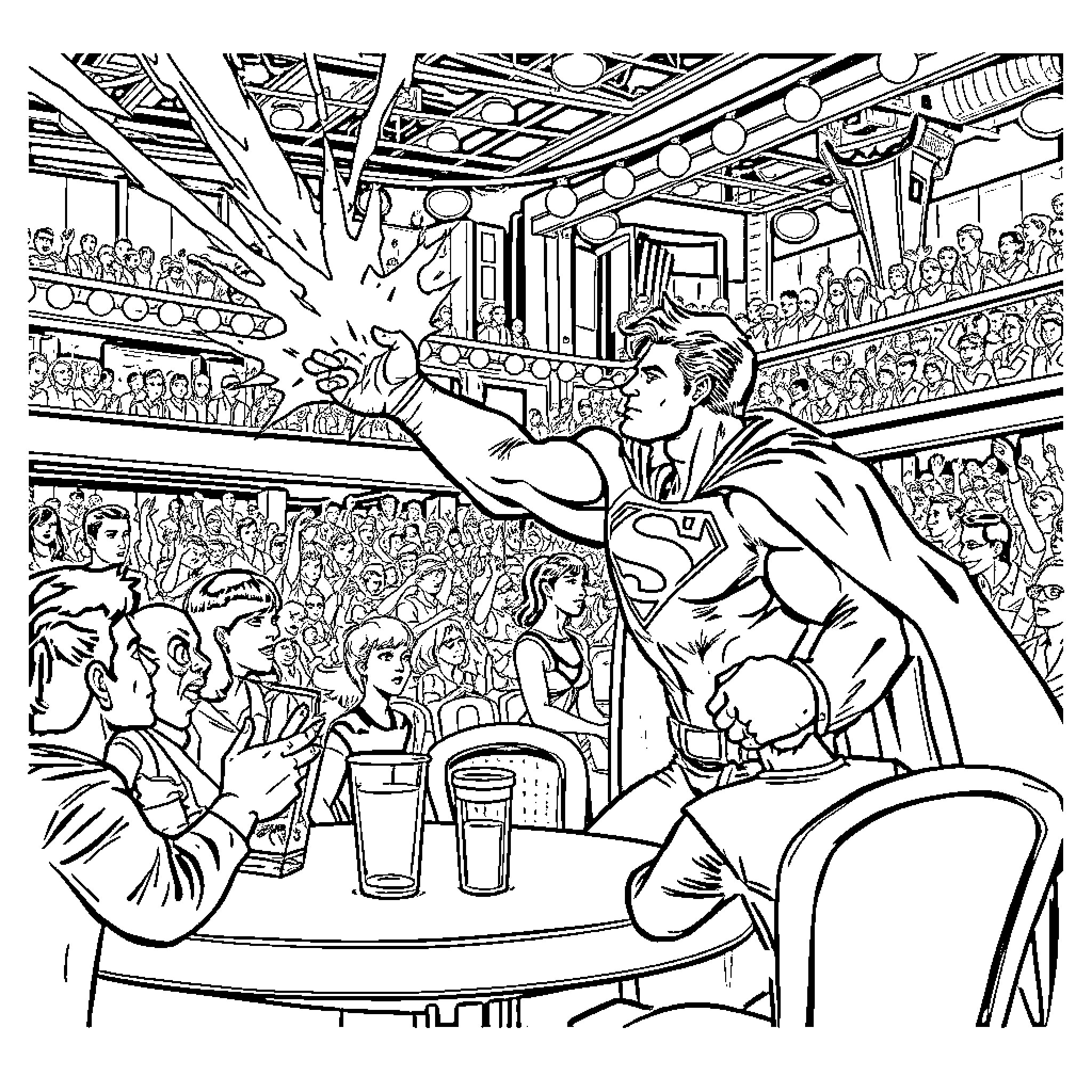 Hombre Araña saving the day in a lively crowd Coloring Page (free black-and-white line drawing printable PDF for all, from beginners to advanced learners, including children, teens, adults, and seniors)