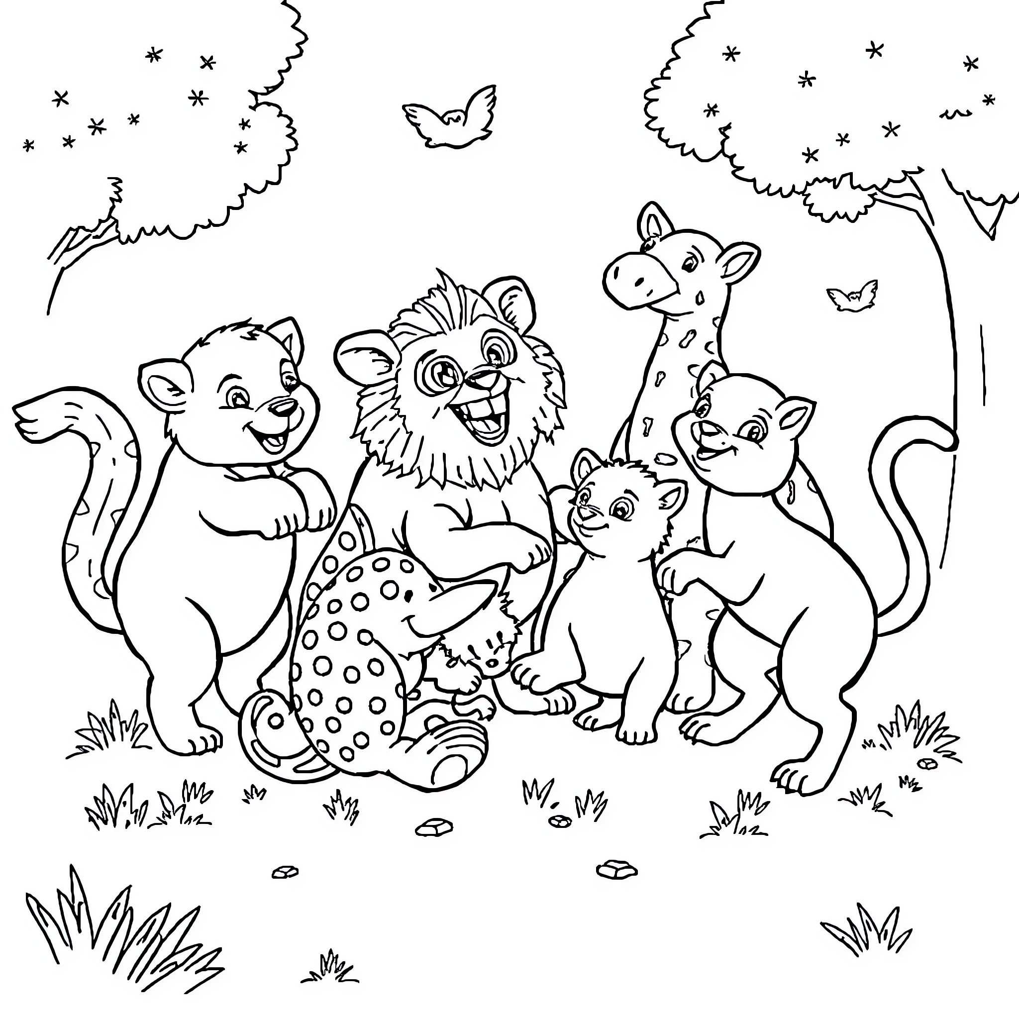 Animal friends having fun in the forest Coloring Page (free black-and-white line drawing printable PDF for all, from beginners to advanced learners, including children, teens, adults, and seniors)