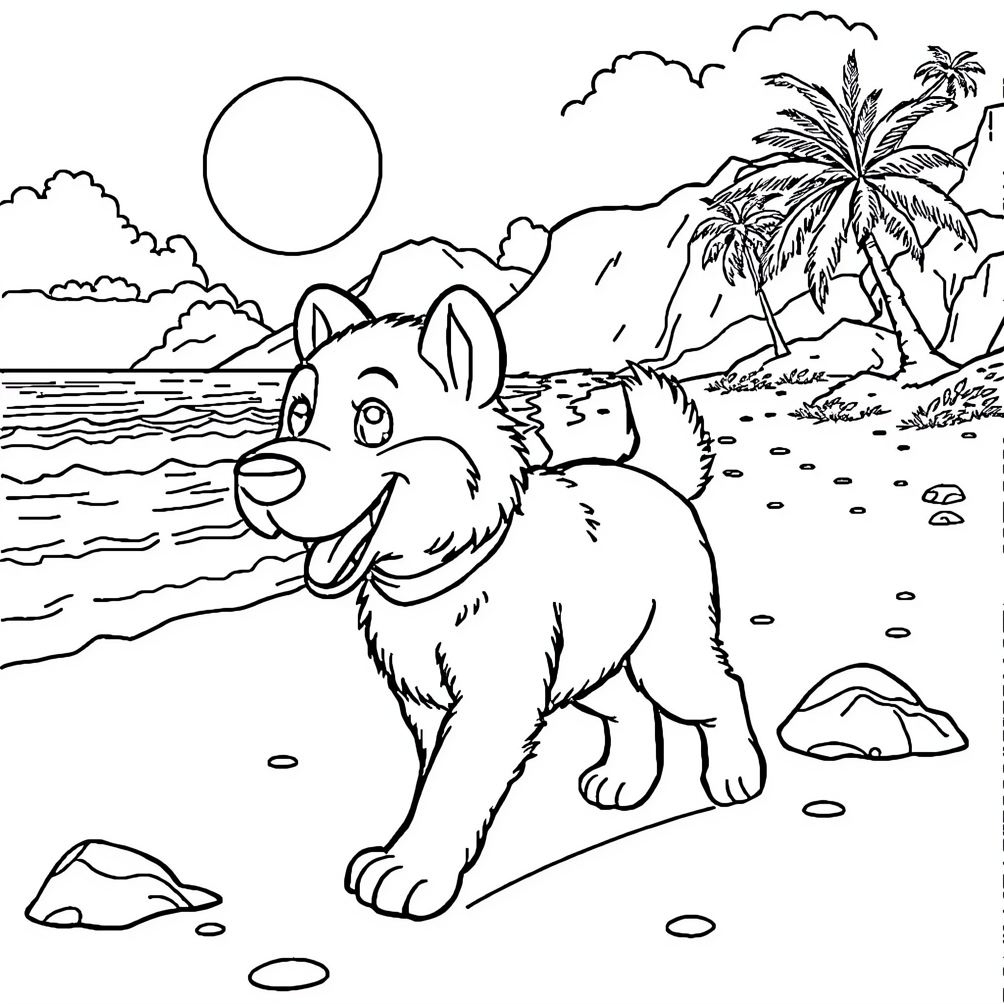 Labubu enjoys the tropical beach scenery Coloring Page (free black-and-white line drawing printable PDF for all, from beginners to advanced learners, including children, teens, adults, and seniors)