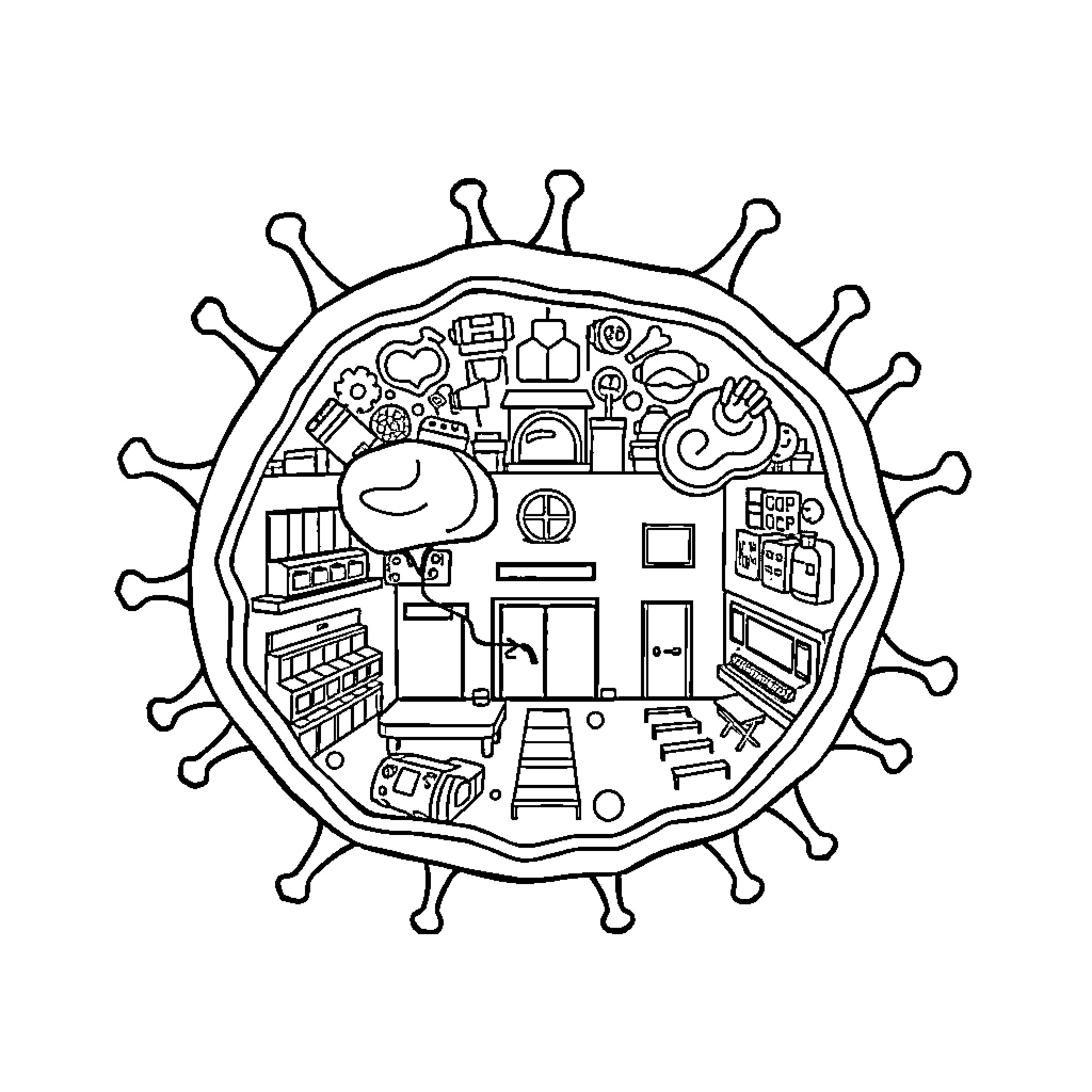 Animal Cell with Medical Equipment and Supplies Coloring Page (free black-and-white line drawing printable PDF for all, from beginners to advanced learners, including children, teens, adults, and seniors)