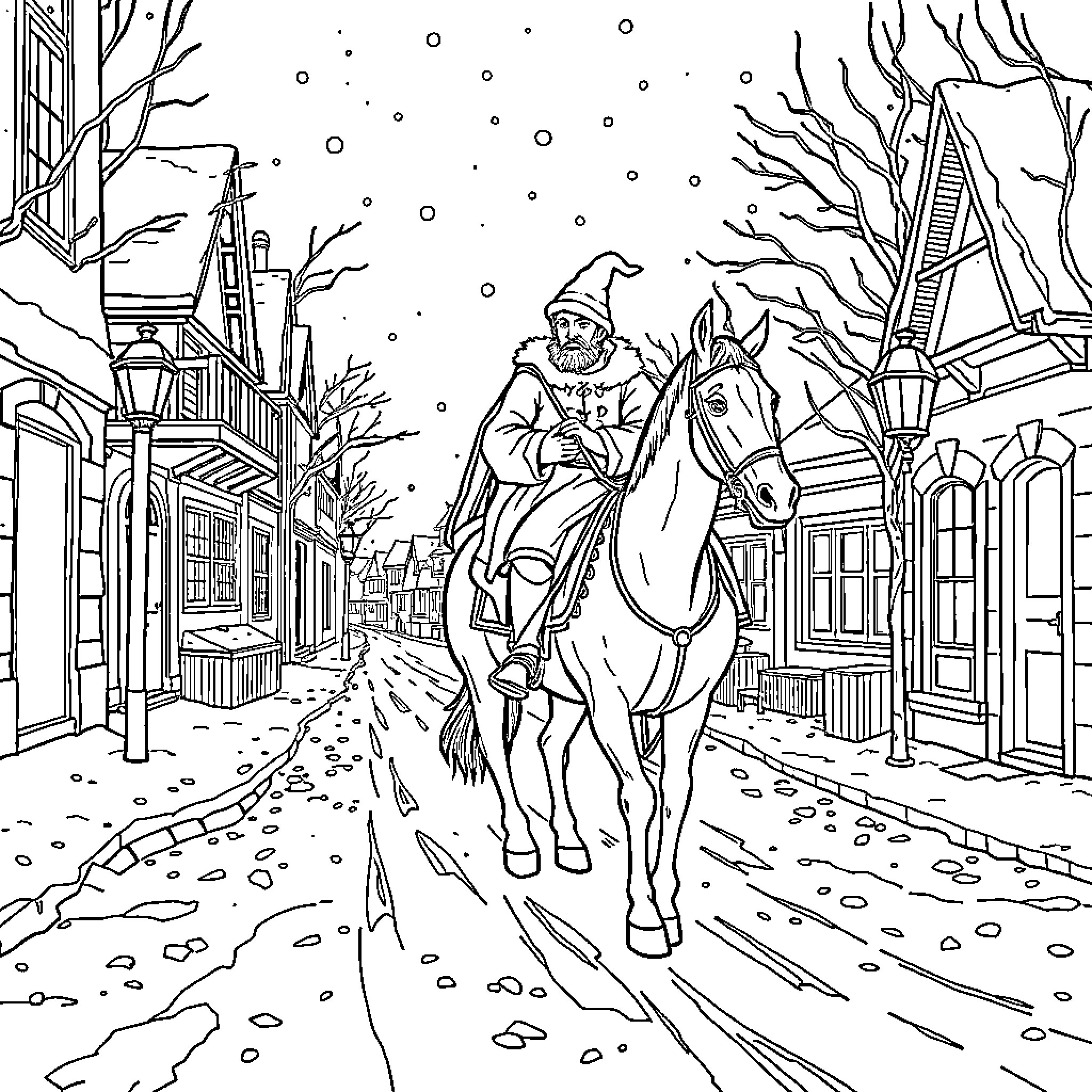 Saint Riding on Horse through Snowy Town Coloring Page (free black-and-white line drawing printable PDF for all, from beginners to advanced learners, including children, teens, adults, and seniors)