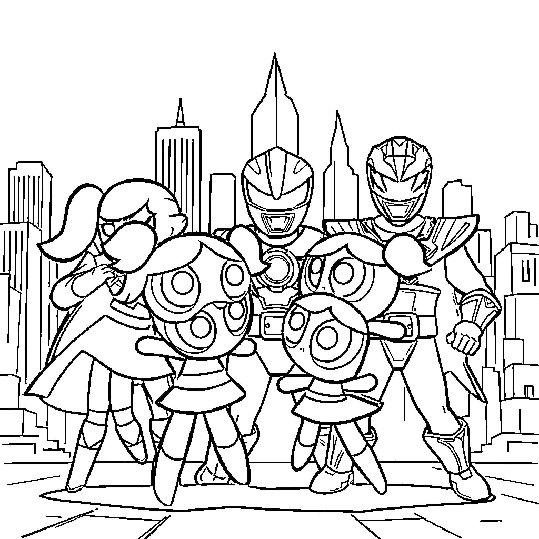 Powerpuff Girls adventuring in the city skyline Coloring Page (free black-and-white line drawing printable PDF for all, from beginners to advanced learners, including children, teens, adults, and seniors)