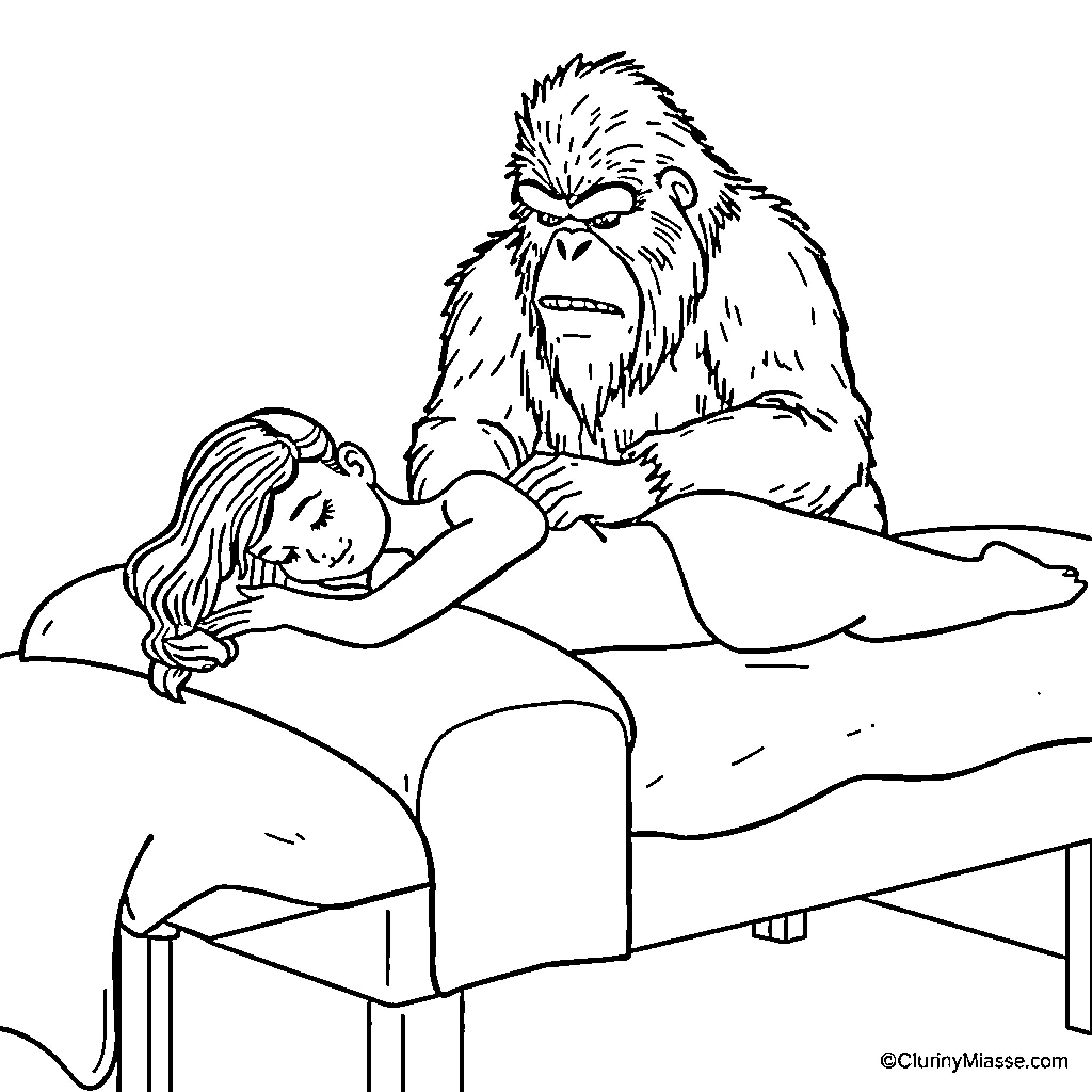 Girl Resting on Bed with Furry Creature Coloring Page (free black-and-white line drawing printable PDF for all, from beginners to advanced learners, including children, teens, adults, and seniors)
