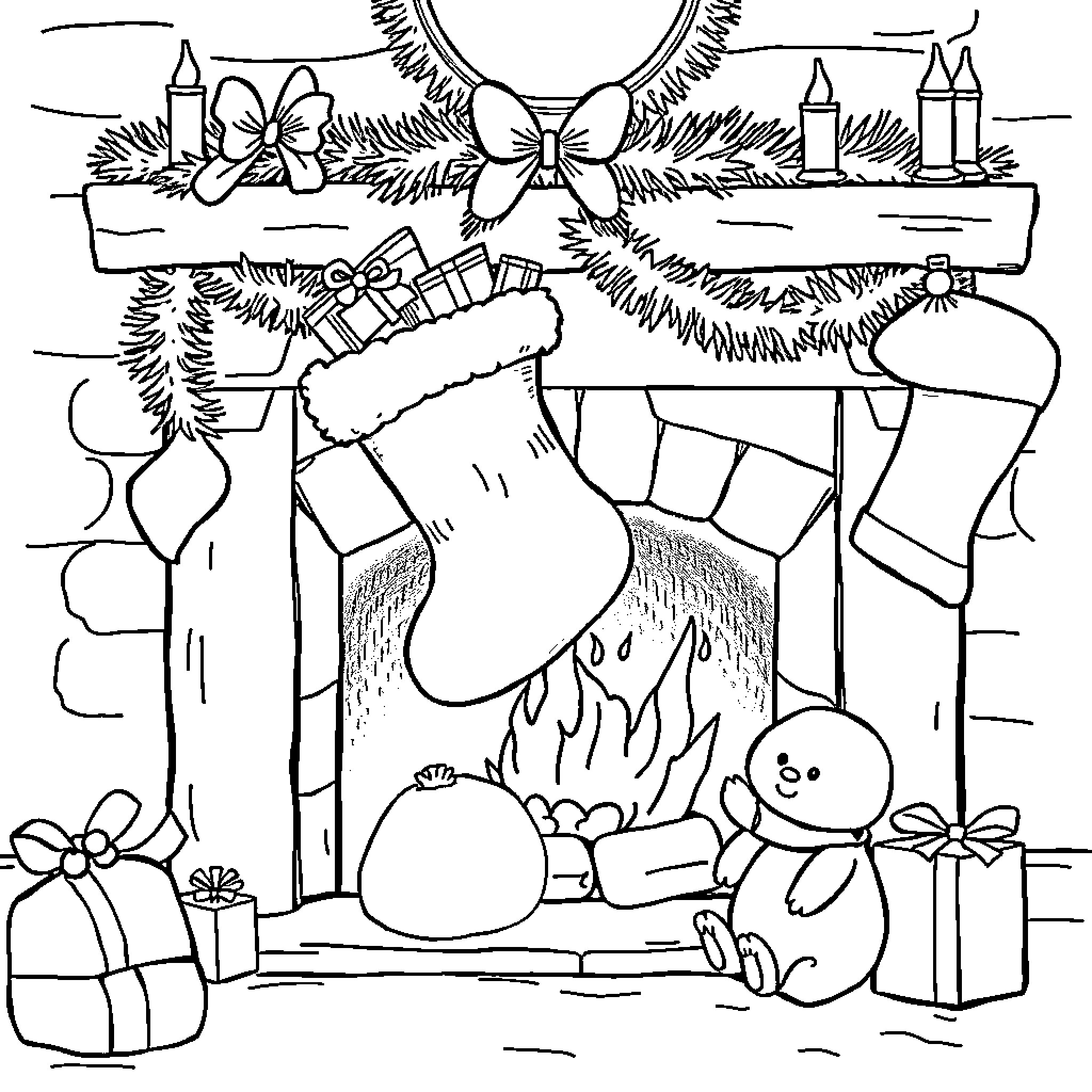 Christmas Stocking by the Fireplace with Gifts and Decorations Coloring Page (free black-and-white line drawing printable PDF for all, from beginners to advanced learners, including children, teens, adults, and seniors)