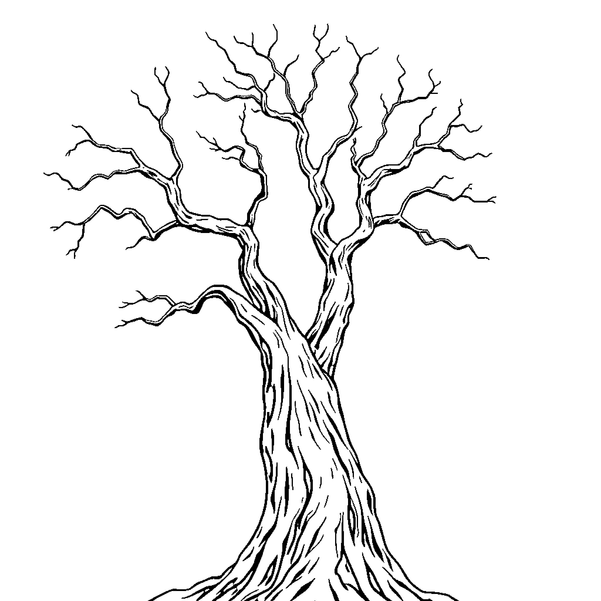 Tree with twisted and gnarled branches Coloring Page (free black-and-white line drawing printable PDF for all, from beginners to advanced learners, including children, teens, adults, and seniors)