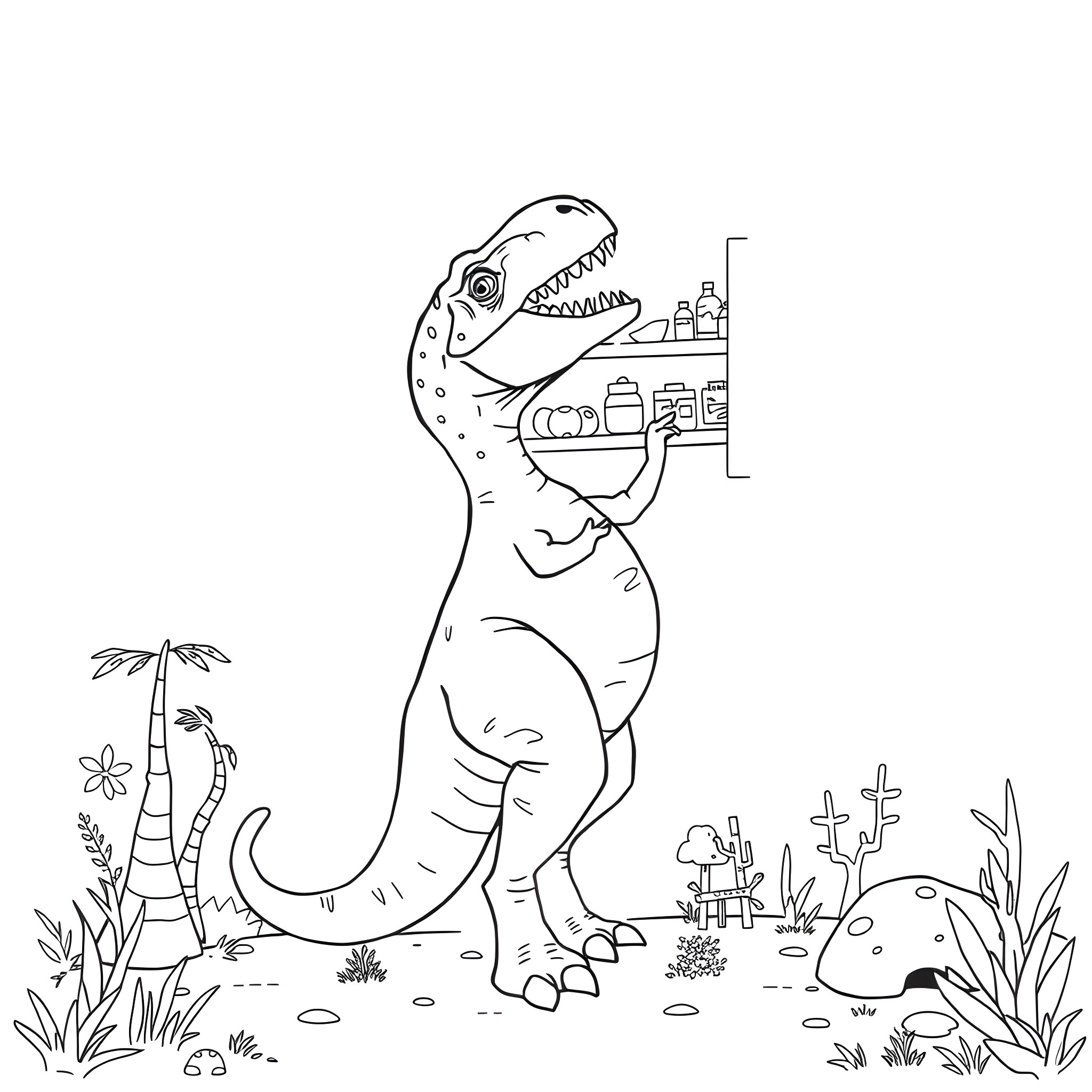 Tyrannosaurus Rex exploring a pantry Coloring Page (free black-and-white line drawing printable PDF for all, from beginners to advanced learners, including children, teens, adults, and seniors)